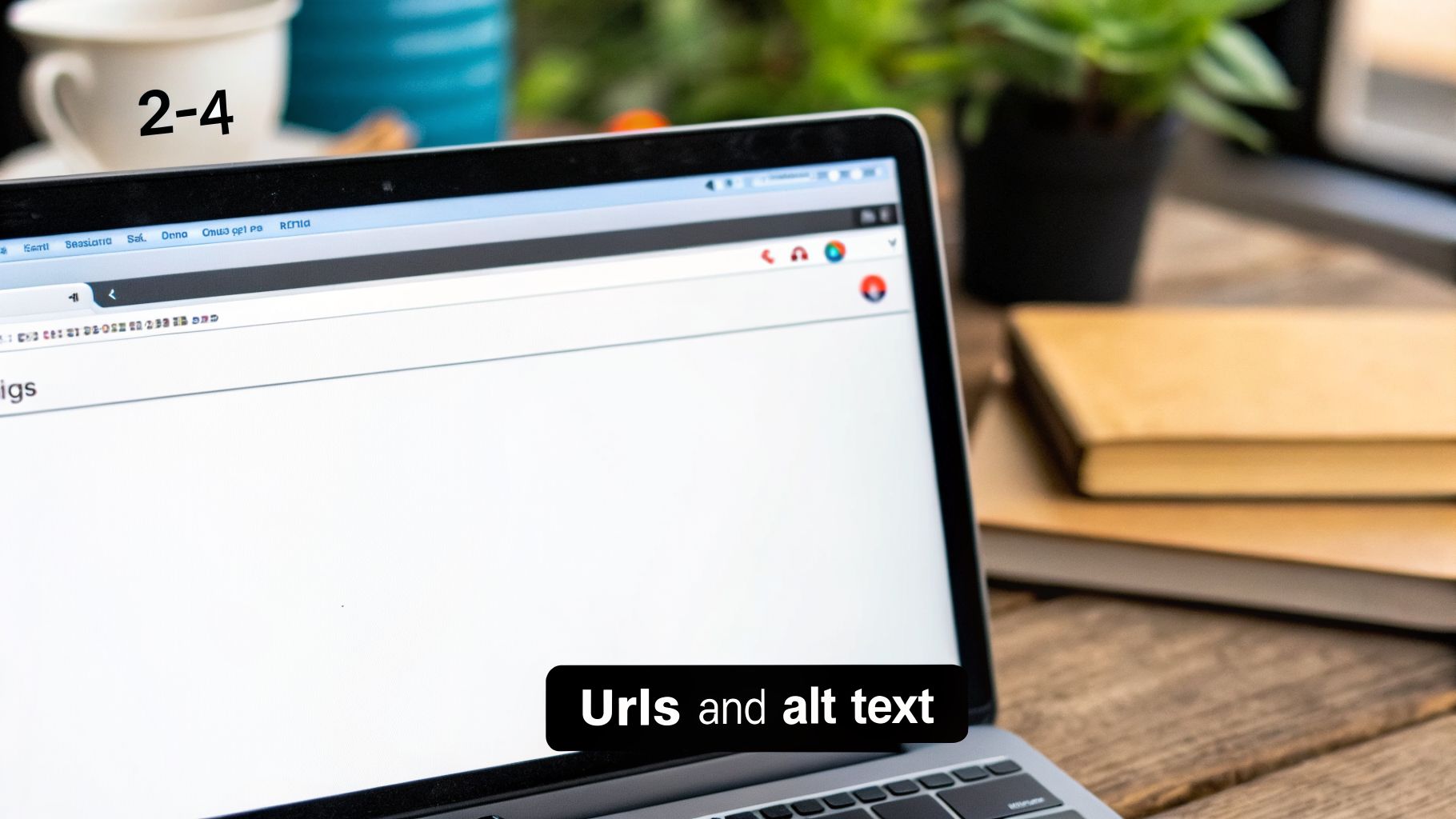 A laptop screen displaying how to add keywords to website URLs and alt text, on a wooden desk with a cup and books.