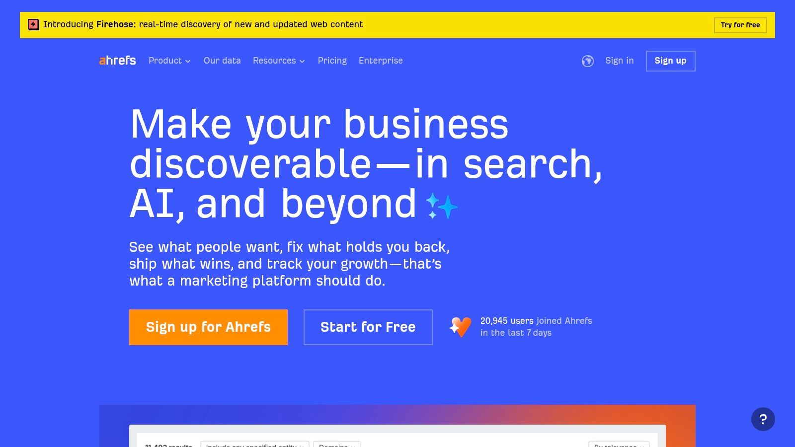 Ahrefs homepage showing its main features for ecommerce SEO