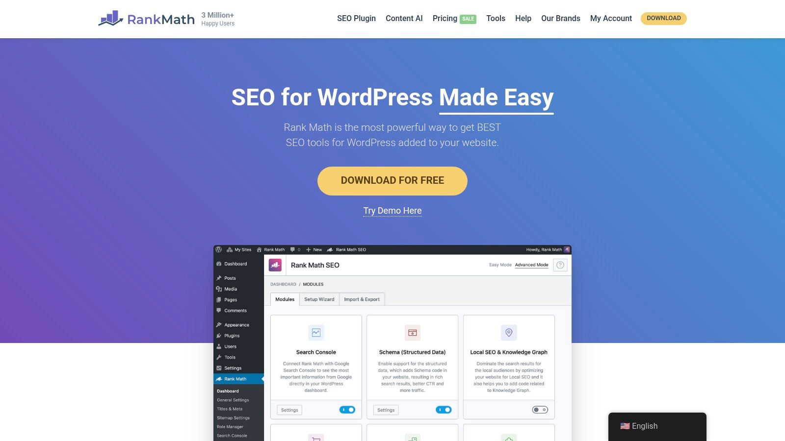 Rank Math SEO dashboard showing analytics and optimization scores for ecommerce SEO tools