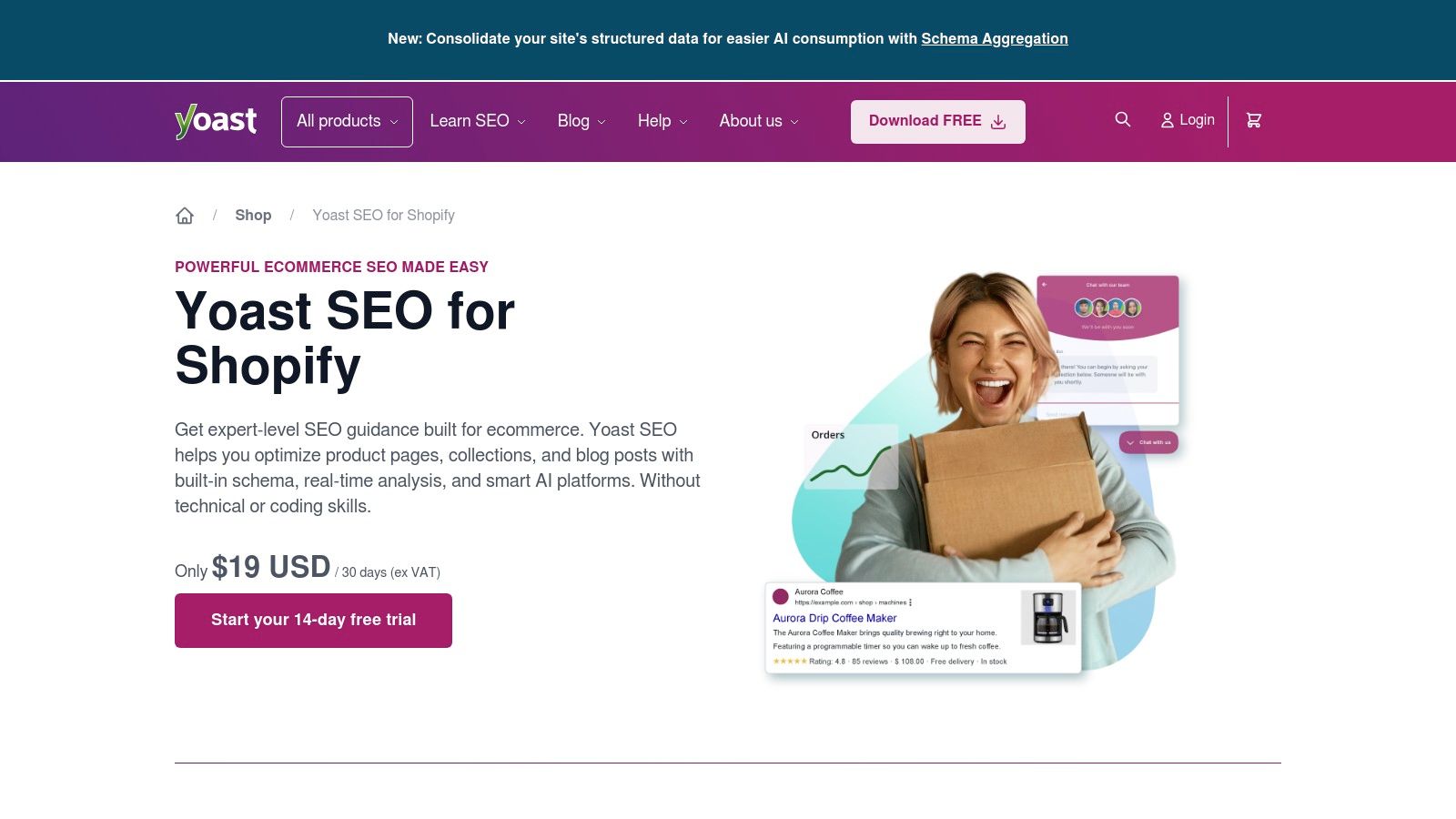 A screenshot of the Yoast SEO for Shopify app interface showing on-page SEO analysis for a product page for ecommerce.