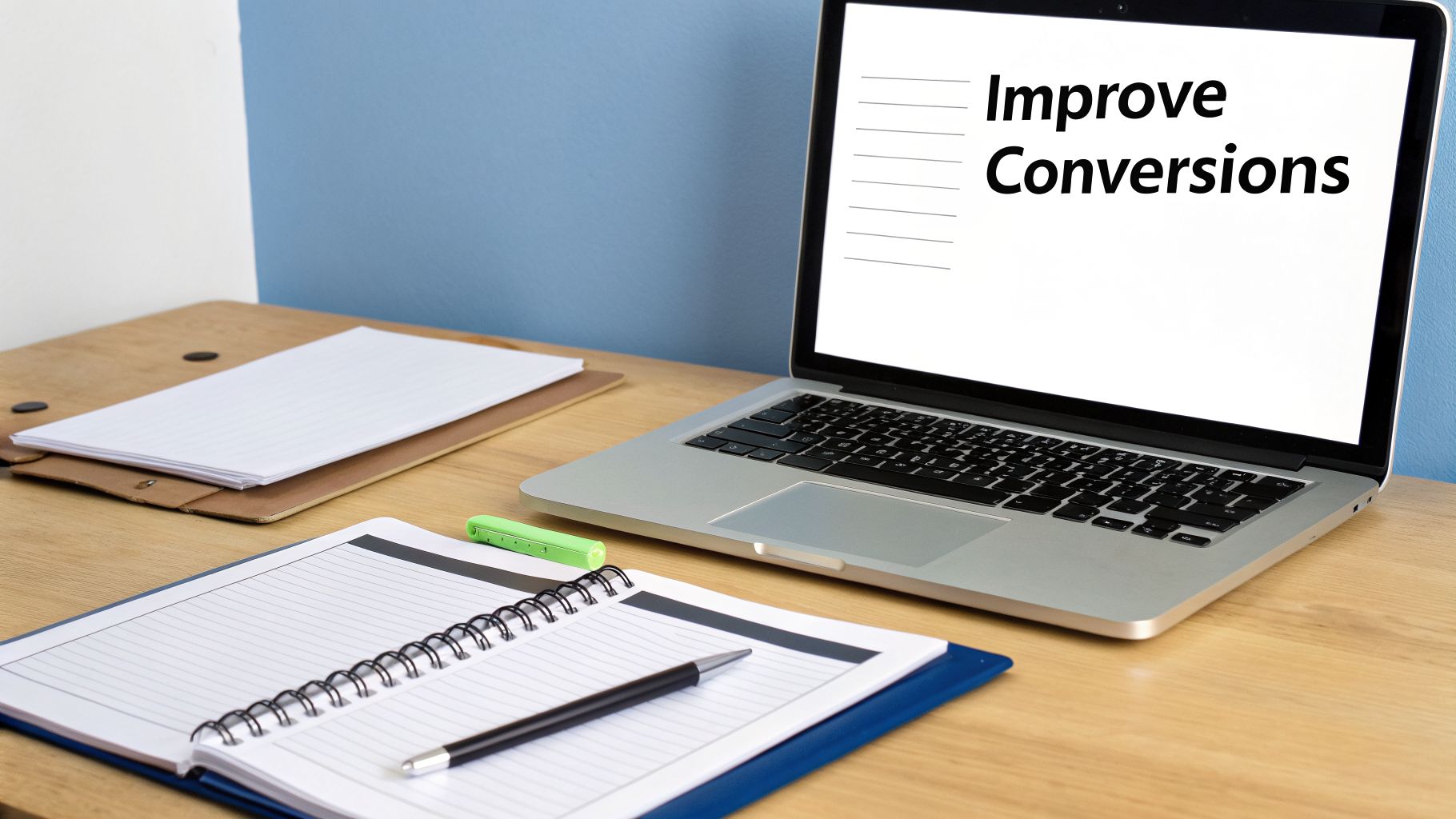 A laptop on a desk showing "Improve Conversions" as part of an ecommerce growth strategy.