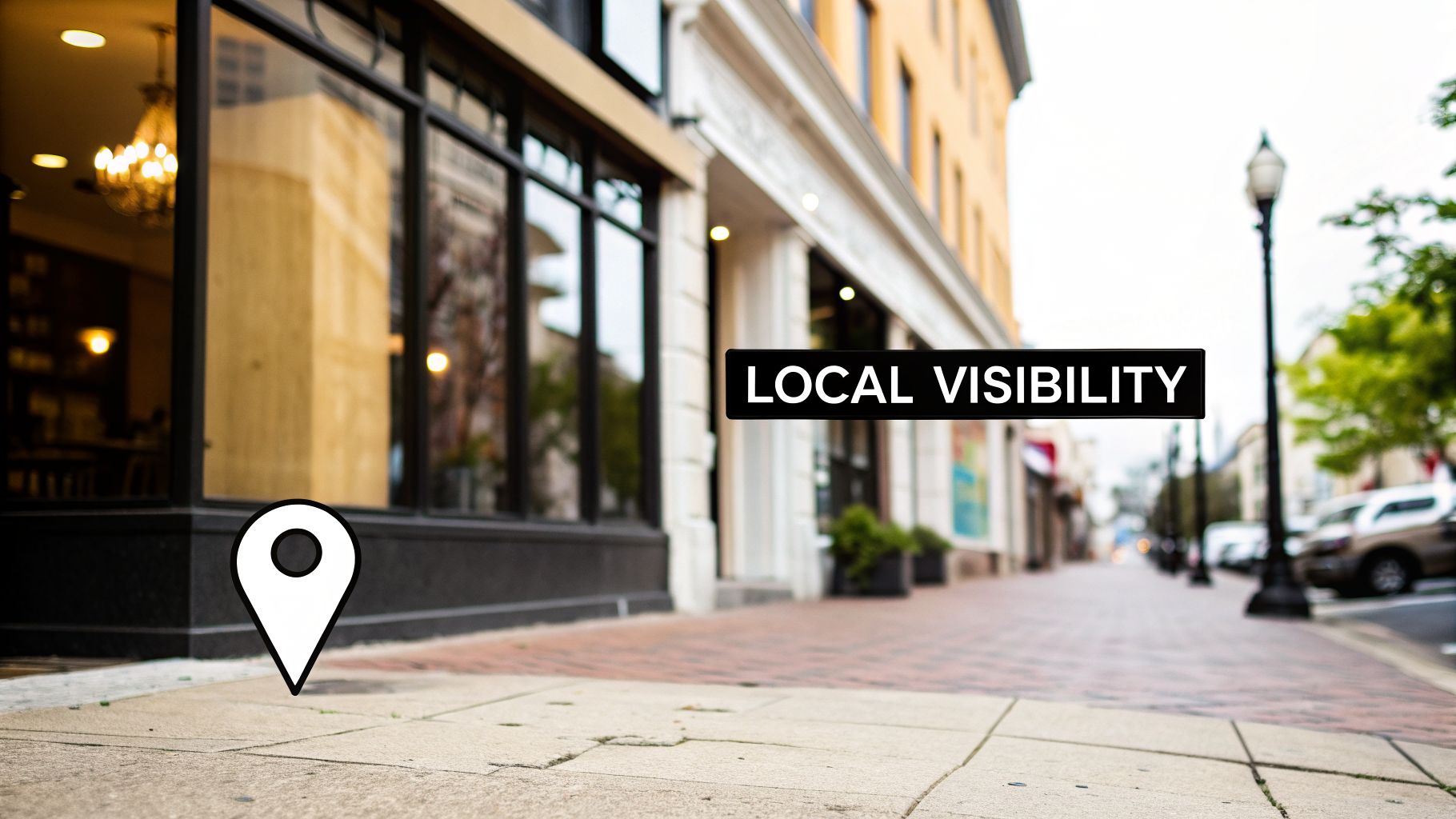 A vibrant street scene with a map pin icon on the sidewalk, emphasizing local visibility as an ecommerce growth strategy.