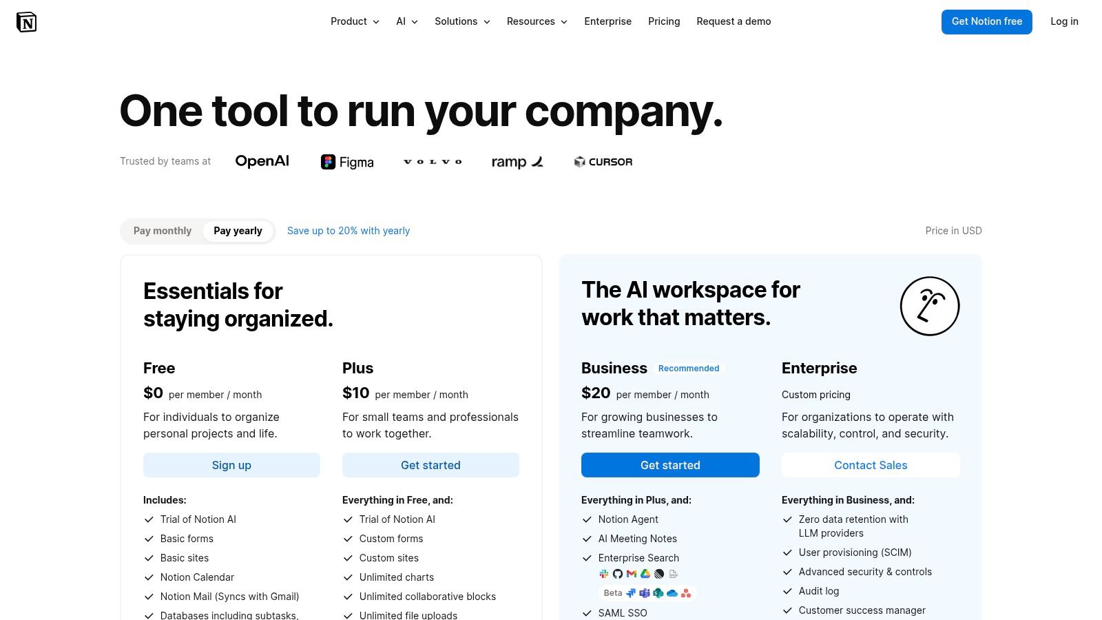 Notion’s pricing page is a top example of effective landing pages for its clear tier structure and expandable features.