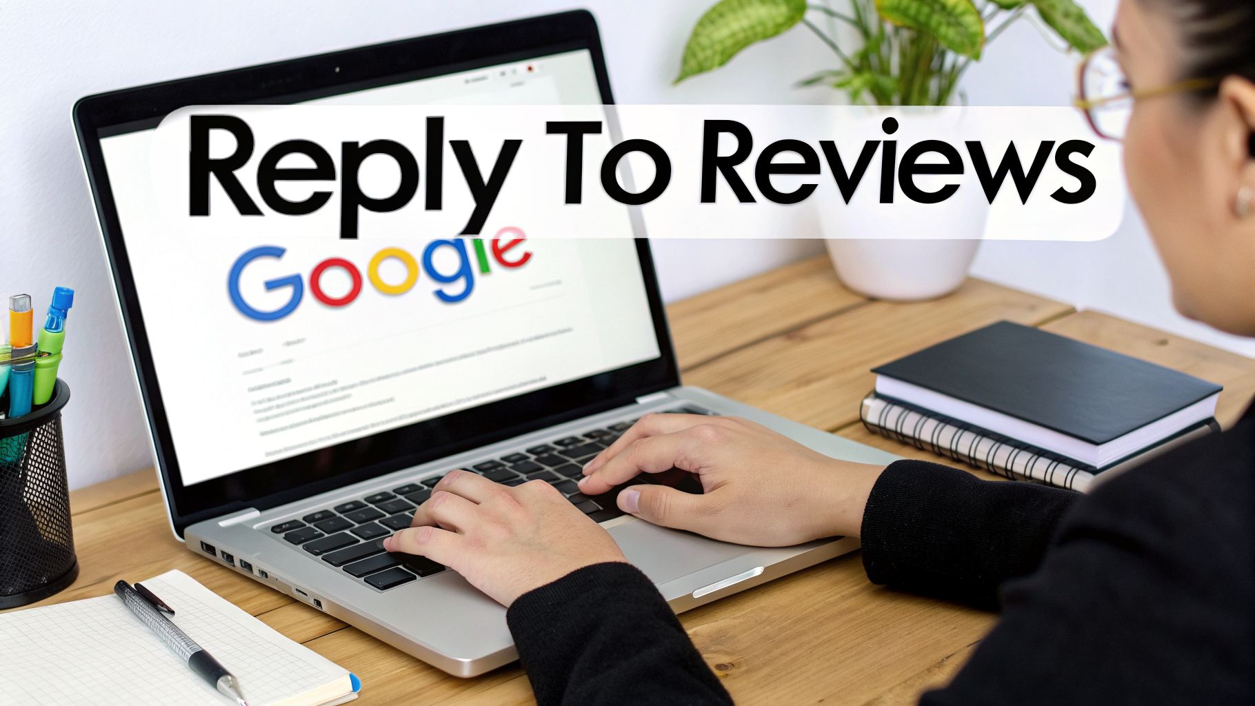 Person replying to reviews on a laptop, a key step to get Google reviews and manage reputation.