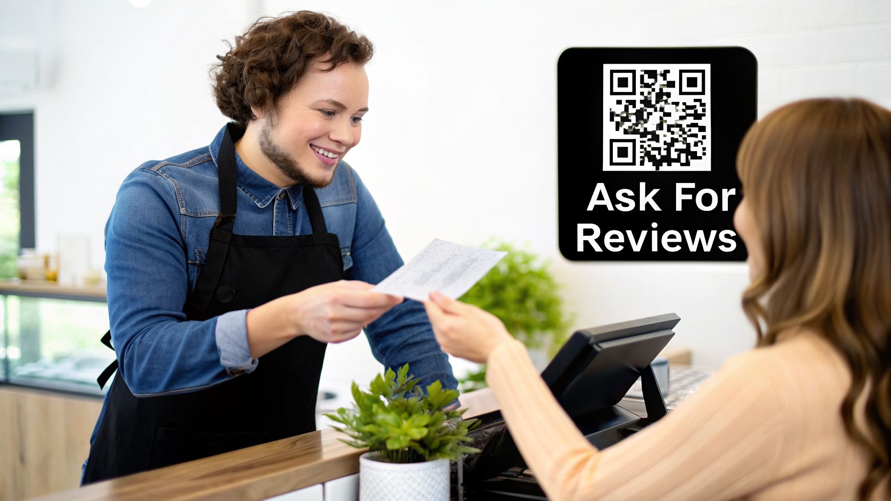 A barista asking a customer for a Google review, an effective strategy in this guide.