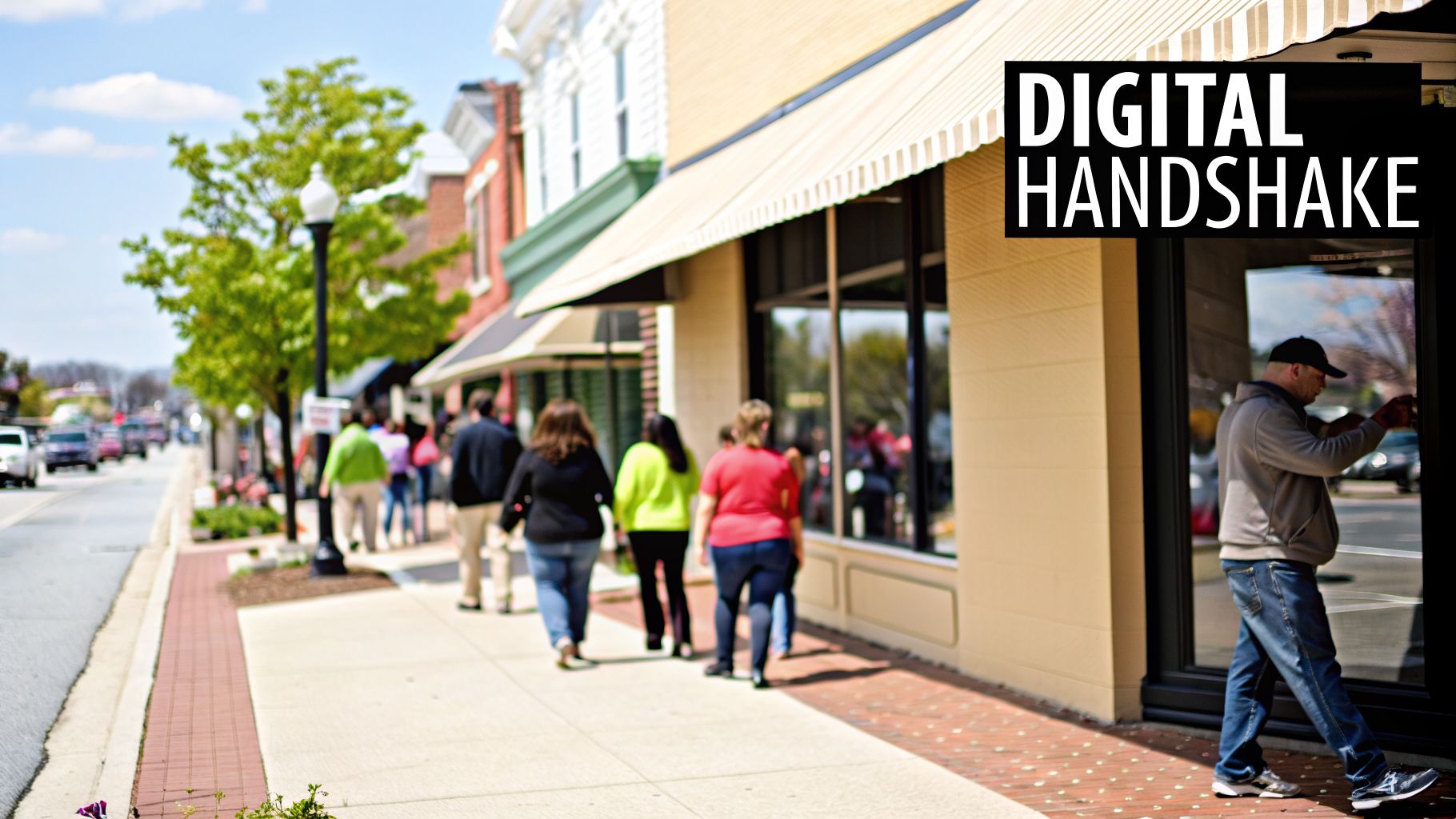 A bustling street scene with people walking past storefronts, a concept illustrating the importance of a google reviews guide.