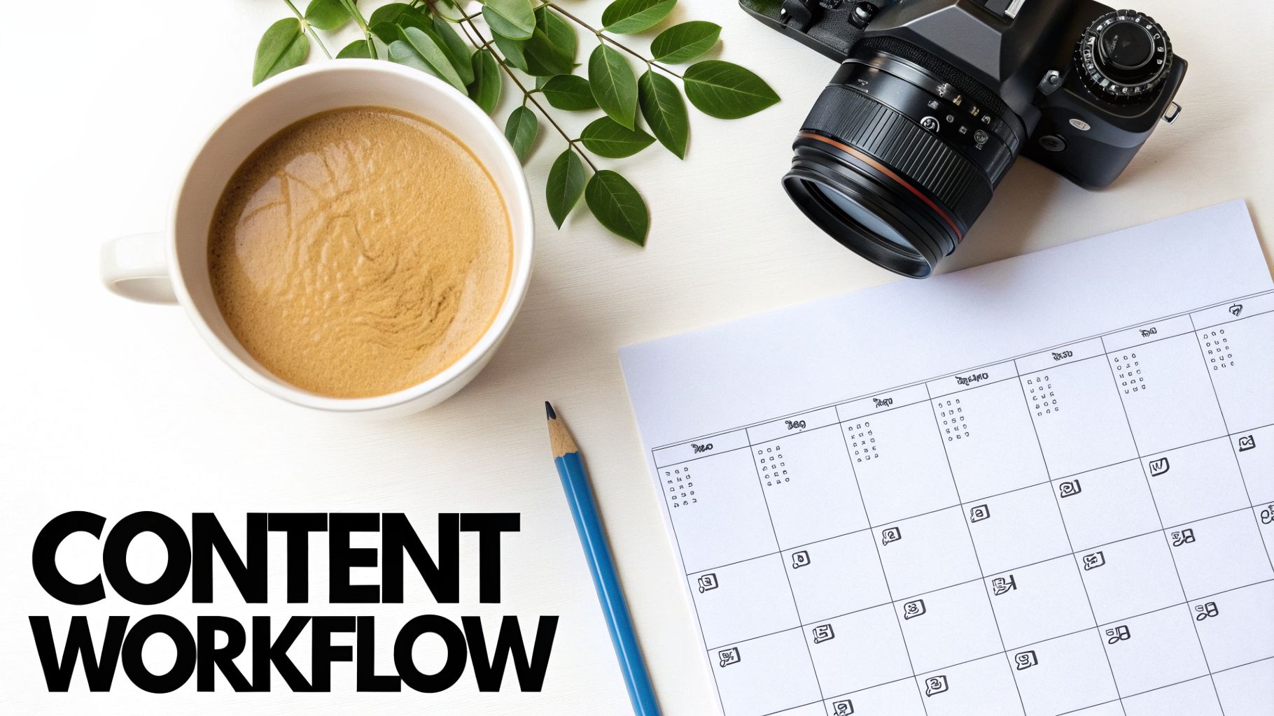 Flat lay of a content creation workflow desk with a calendar, camera, and plant, symbolizing how to create engaging social media content systematically.