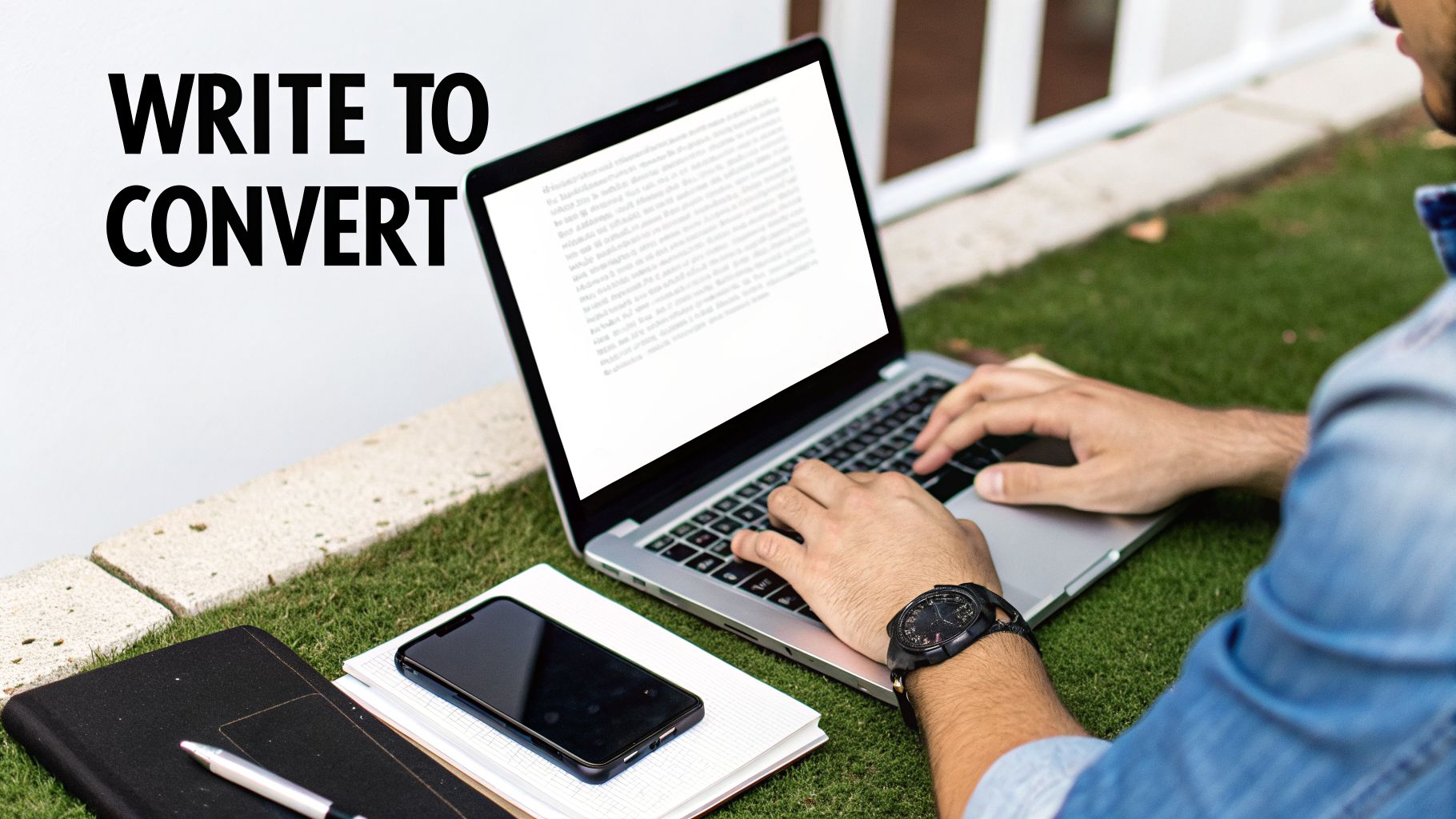 Hands typing on a laptop with the text 'WRITE TO CONVERT' overlaid, demonstrating how to create engaging social media content captions.