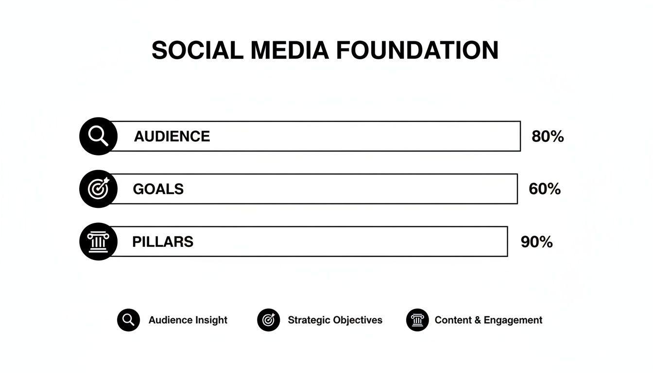 A slide explaining how to create engaging social media content by focusing on Audience, Goals, and Content Pillars as key strategic elements.