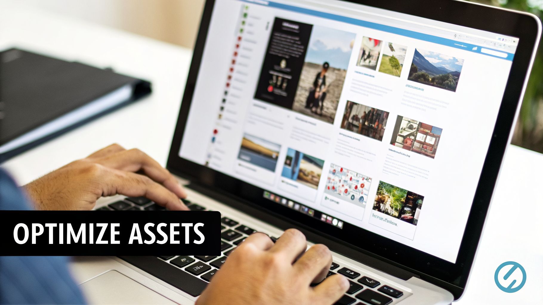 Person typing on a laptop screen displaying digital assets, demonstrating how to speed up wordpress site asset optimization.