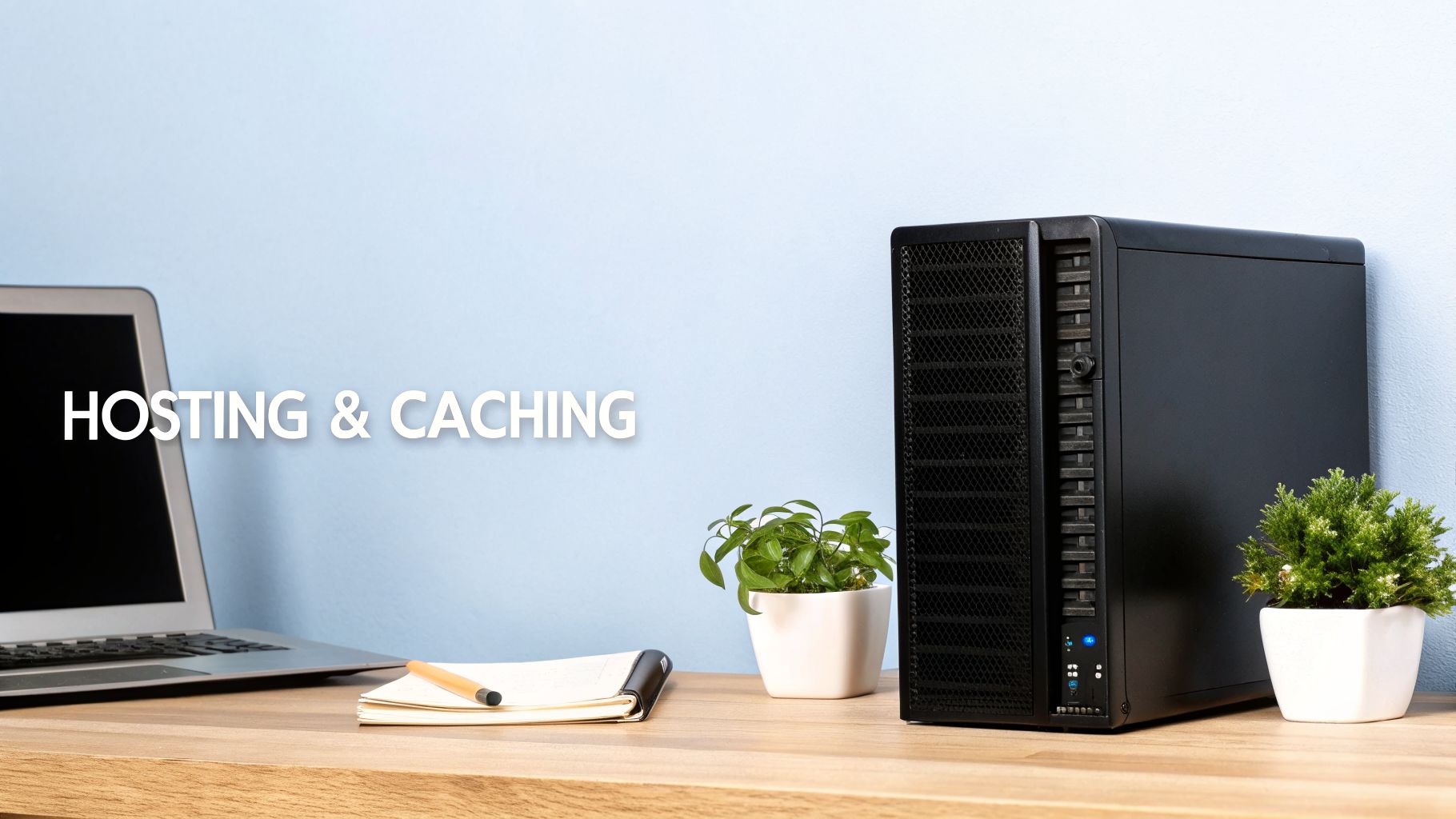 A desk with a laptop displaying a web hosting server graph, potted plants, and a notebook, focusing on how to speed up wordpress site hosting.