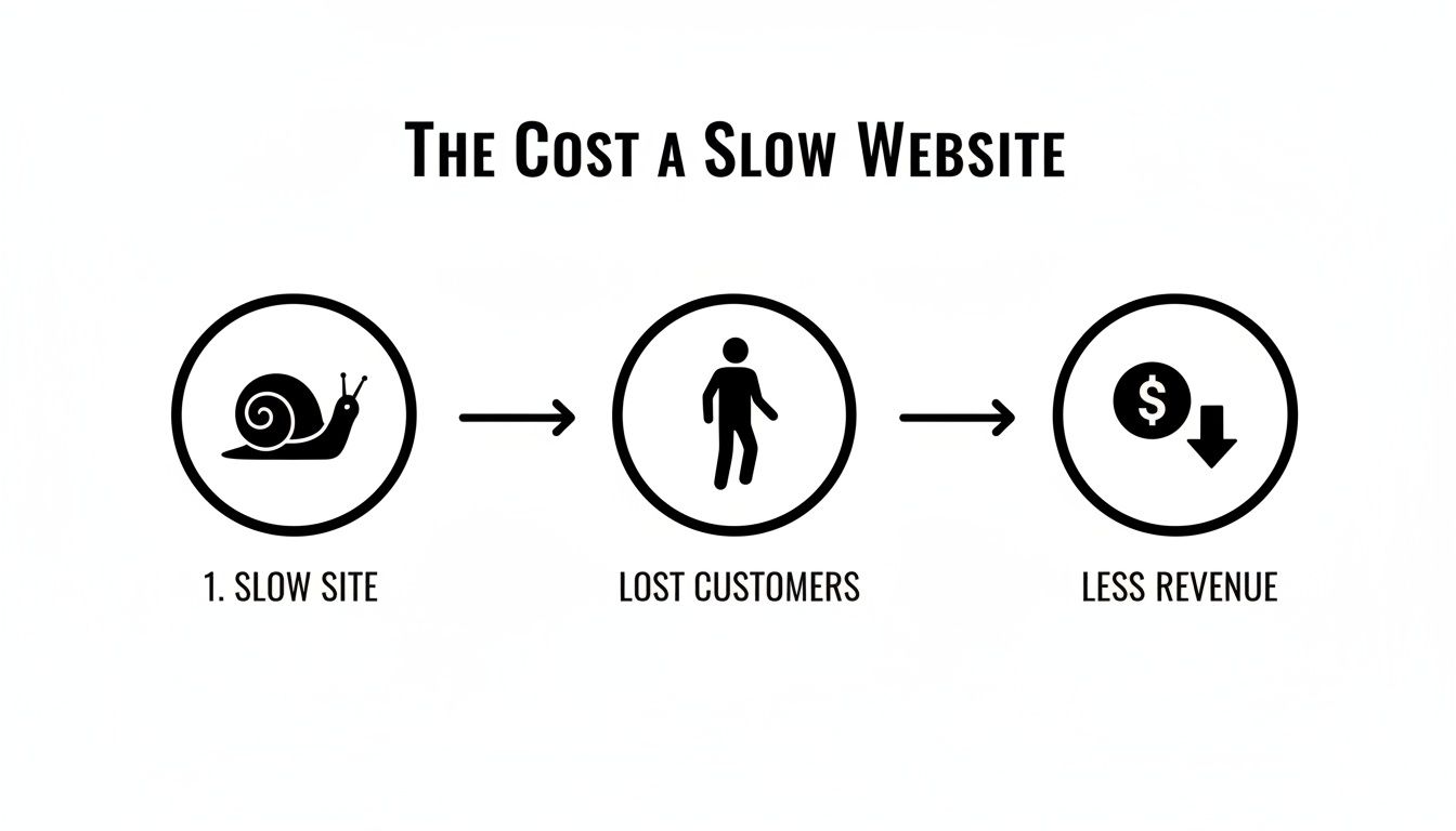 Infographic showing how a slow website speed leads to lost customers and reduced revenue.
