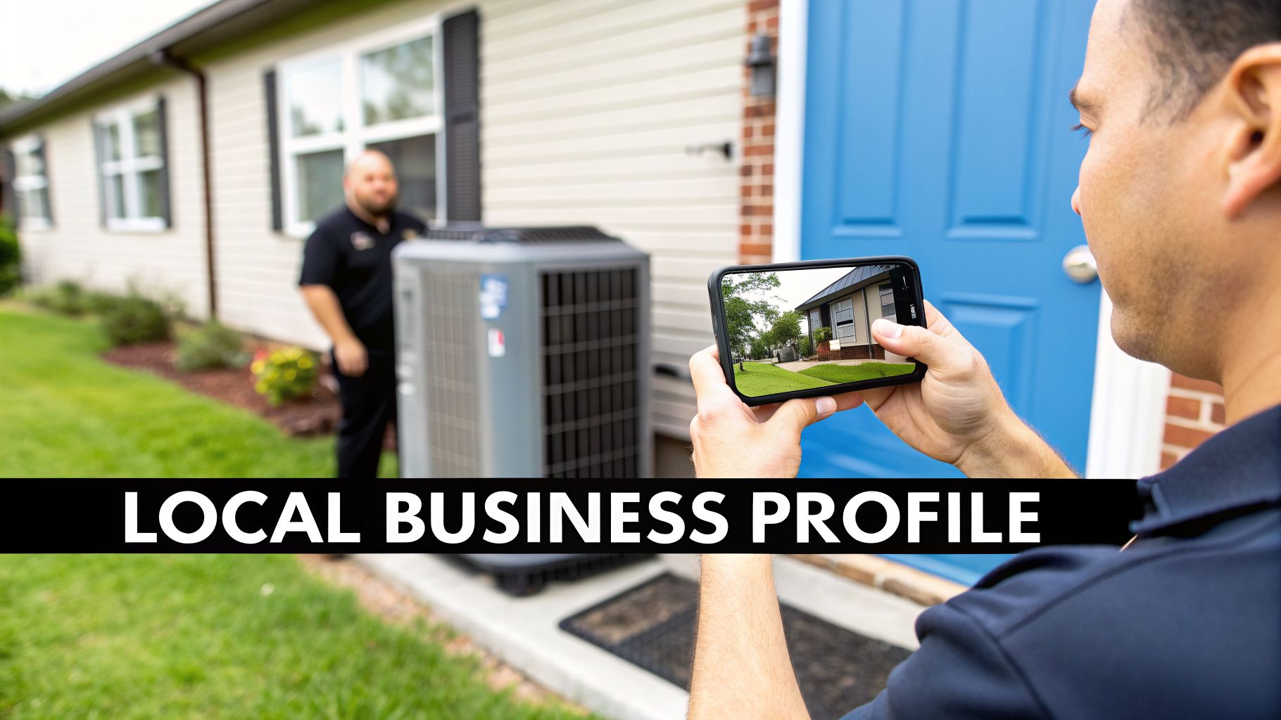 A contractor takes a photo for his business profile, an important part of local SEO for home services.