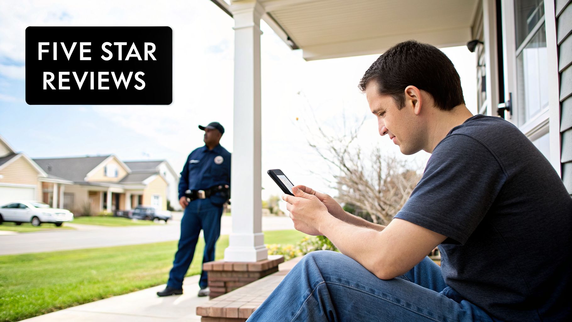 A customer checks reviews, a key part of choosing a provider for home security and other services.