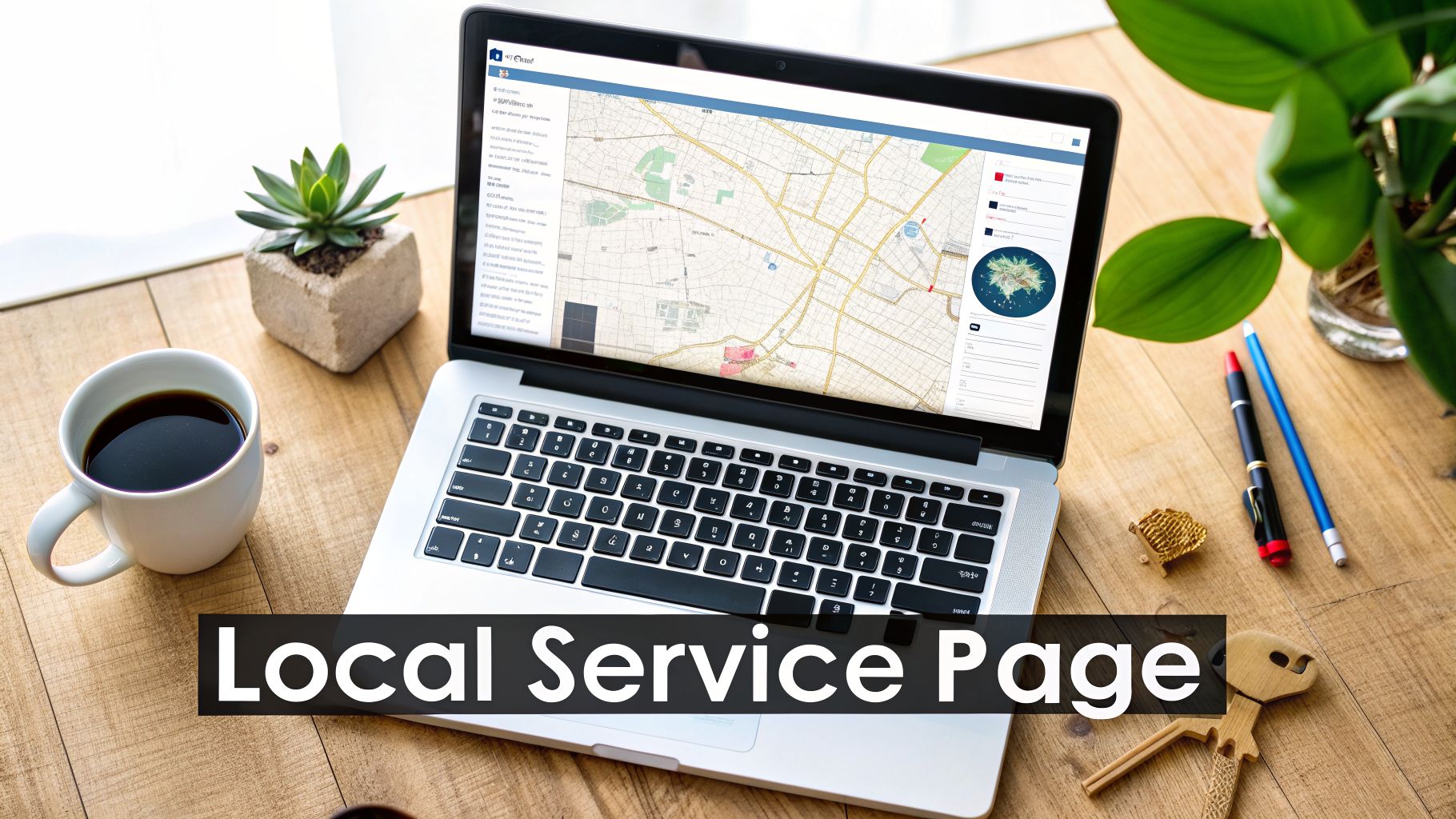 A laptop shows a local service map, demonstrating hyper-local SEO for home services.