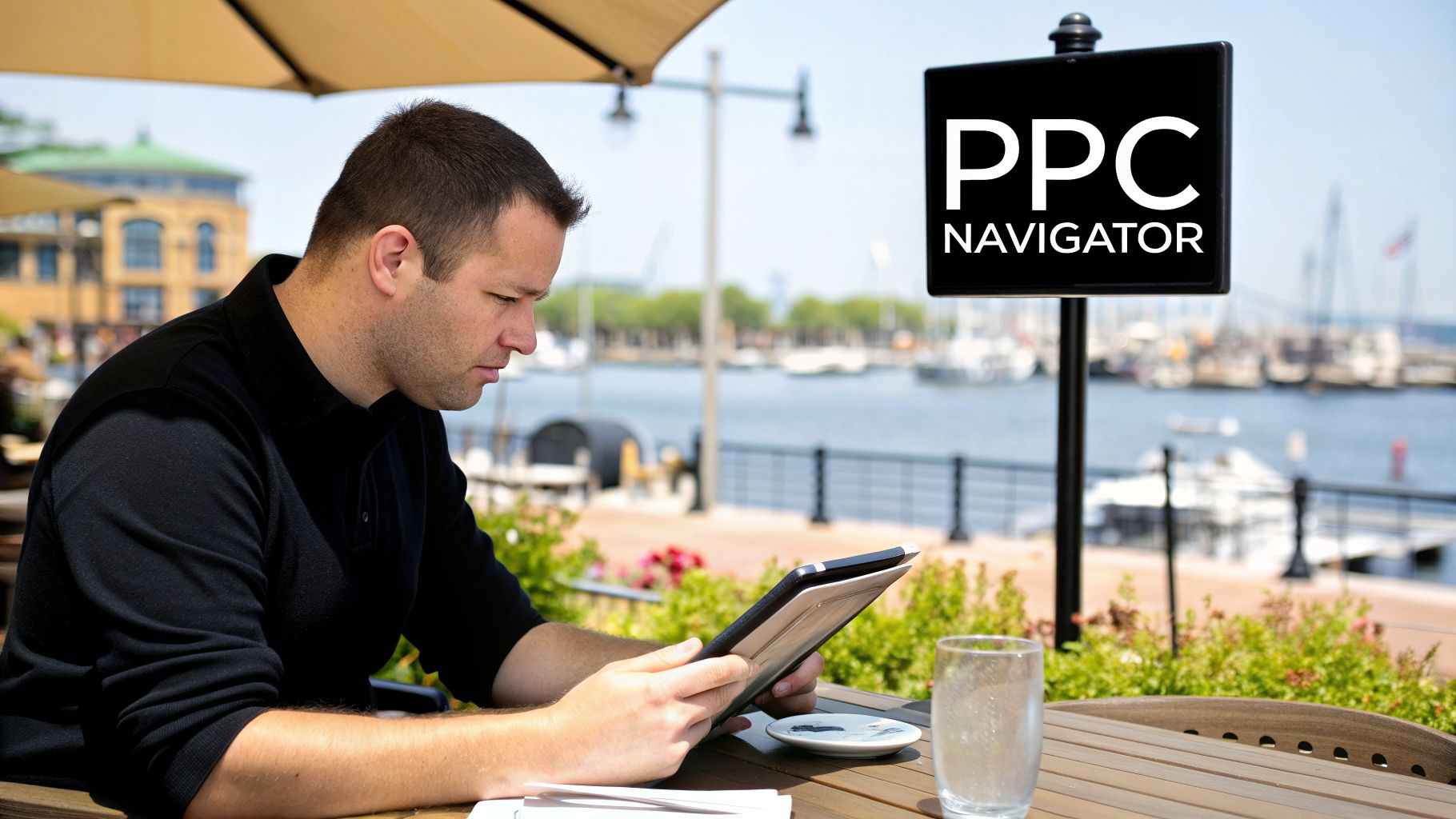 A man using a tablet to navigate PPC management services for his business.