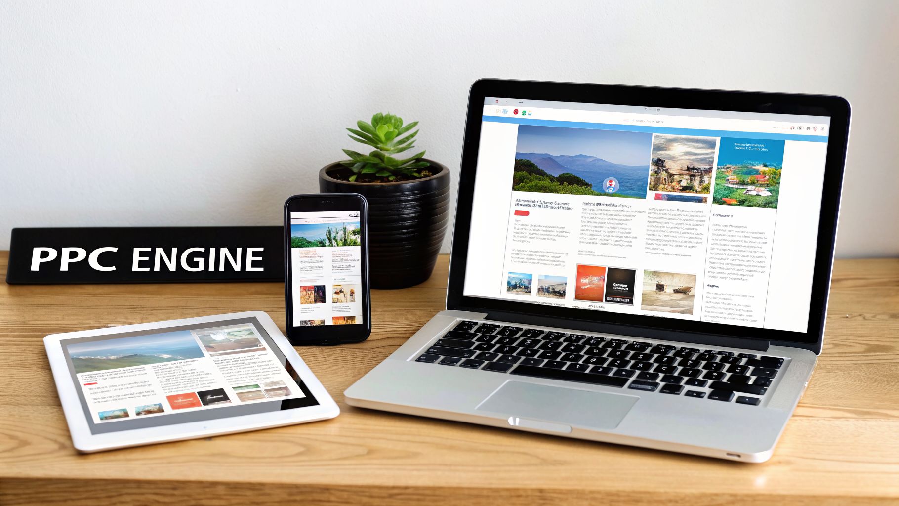 A desk with devices showing a responsive website, illustrating the setup of a PPC engine.