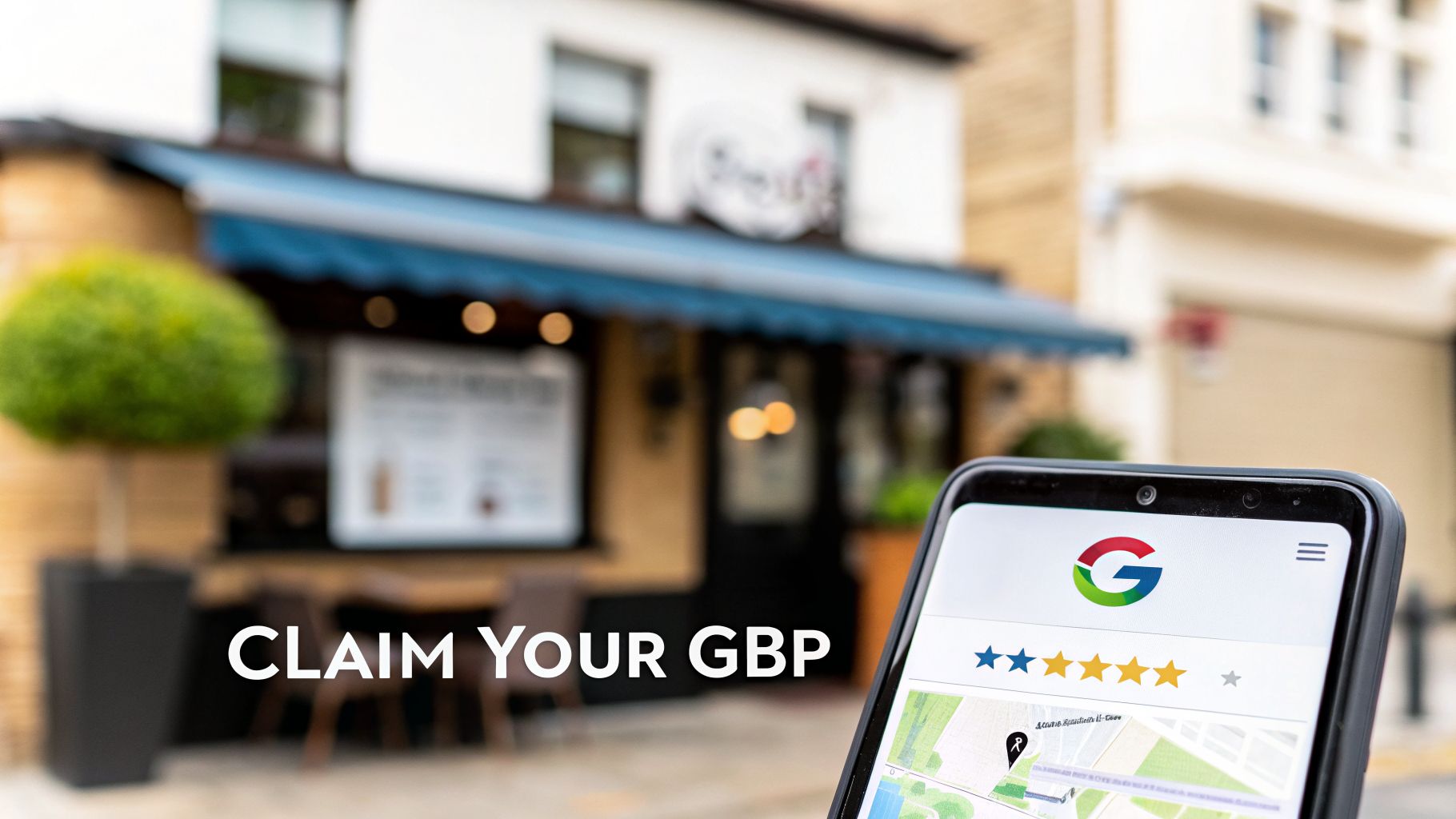 Smartphone displaying Google Business Profile for an SEO on a budget campaign, with a 4-star rating, map, and 'CLAIM YOUR GBP' text over a blurred cafe.