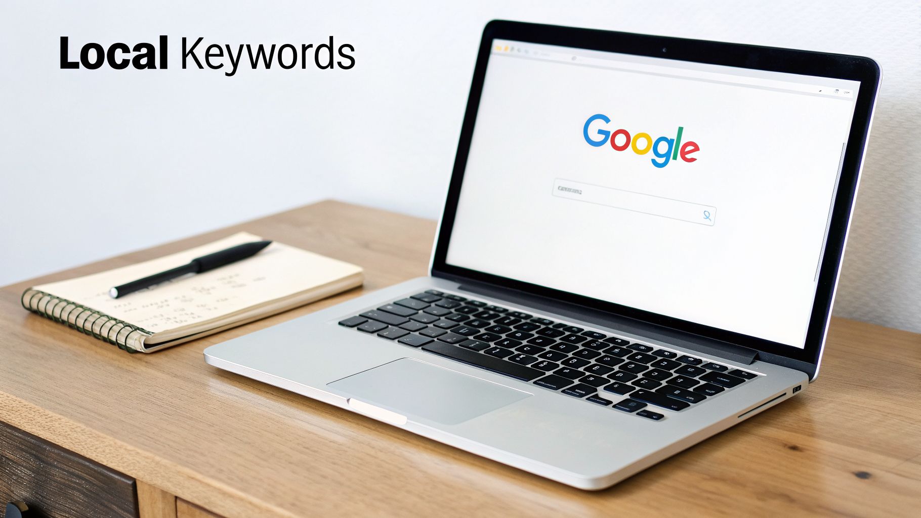 A laptop on a wooden desk displaying Google search and text 'Local Keywords for SEO' with a notebook and pen.