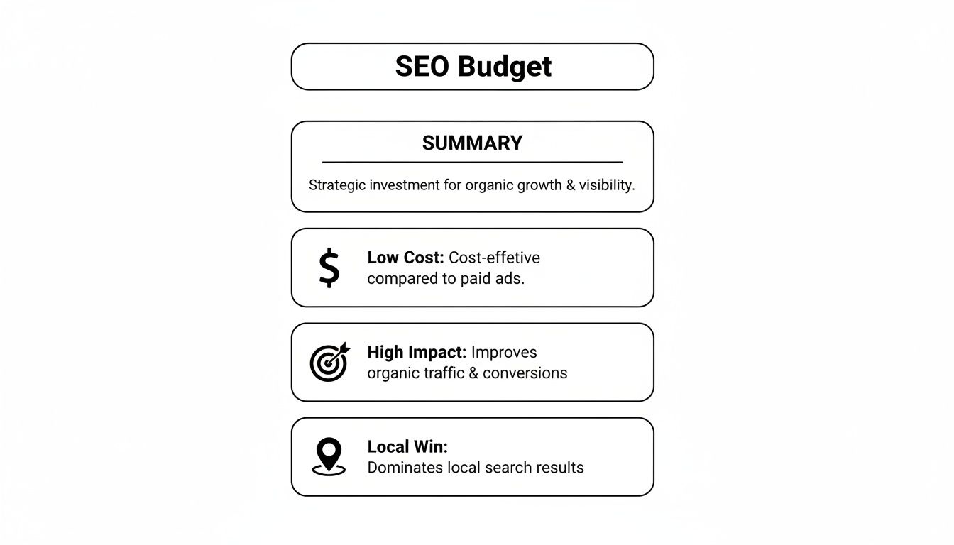 An infographic outlining the benefits of an SEO budget, detailing its low cost, high impact, and local win advantages for affordable SEO.