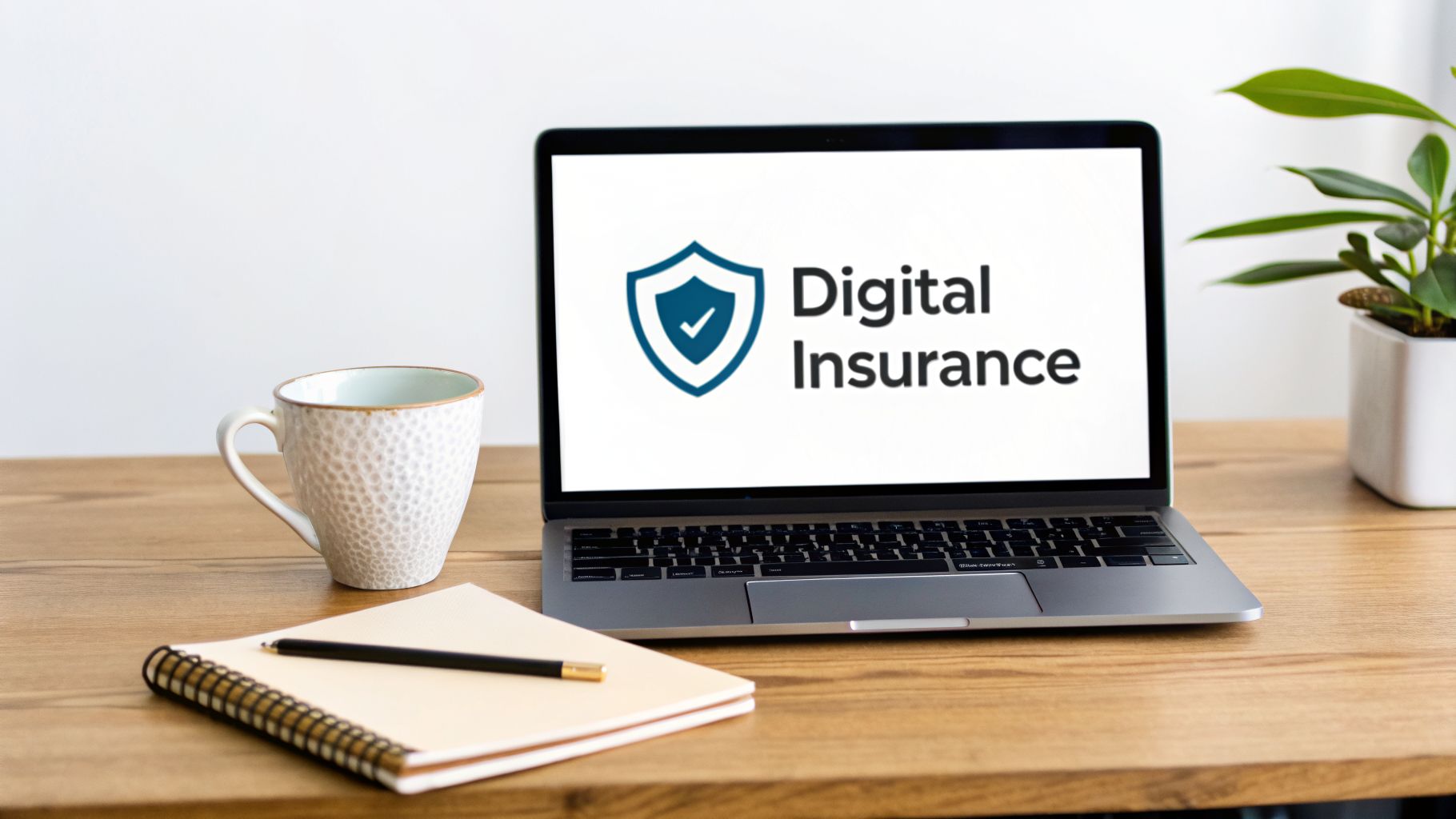 A laptop on a wooden desk displays 'Digital Insurance' with a shield logo, a key element of a website maintenance plan template.