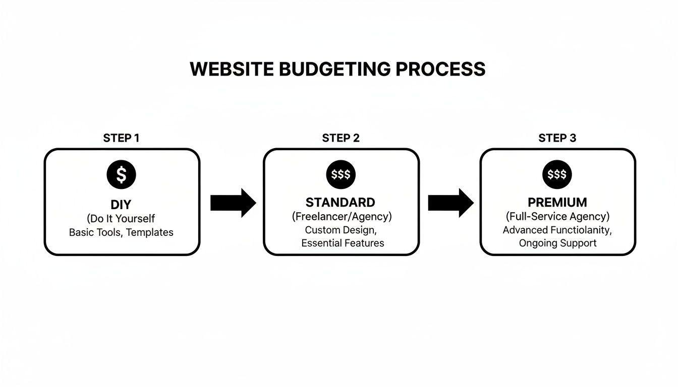 Flowchart detailing website budgeting for a maintenance plan template, showing DIY, Standard, and Premium options.