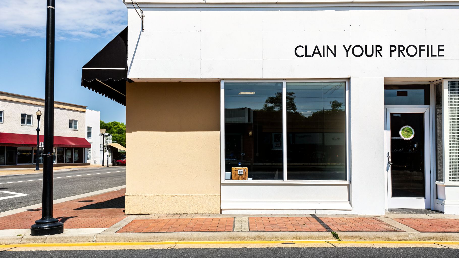 A bright white storefront to fix the problem of 'why is my business not showing up on Google' by claiming your profile.