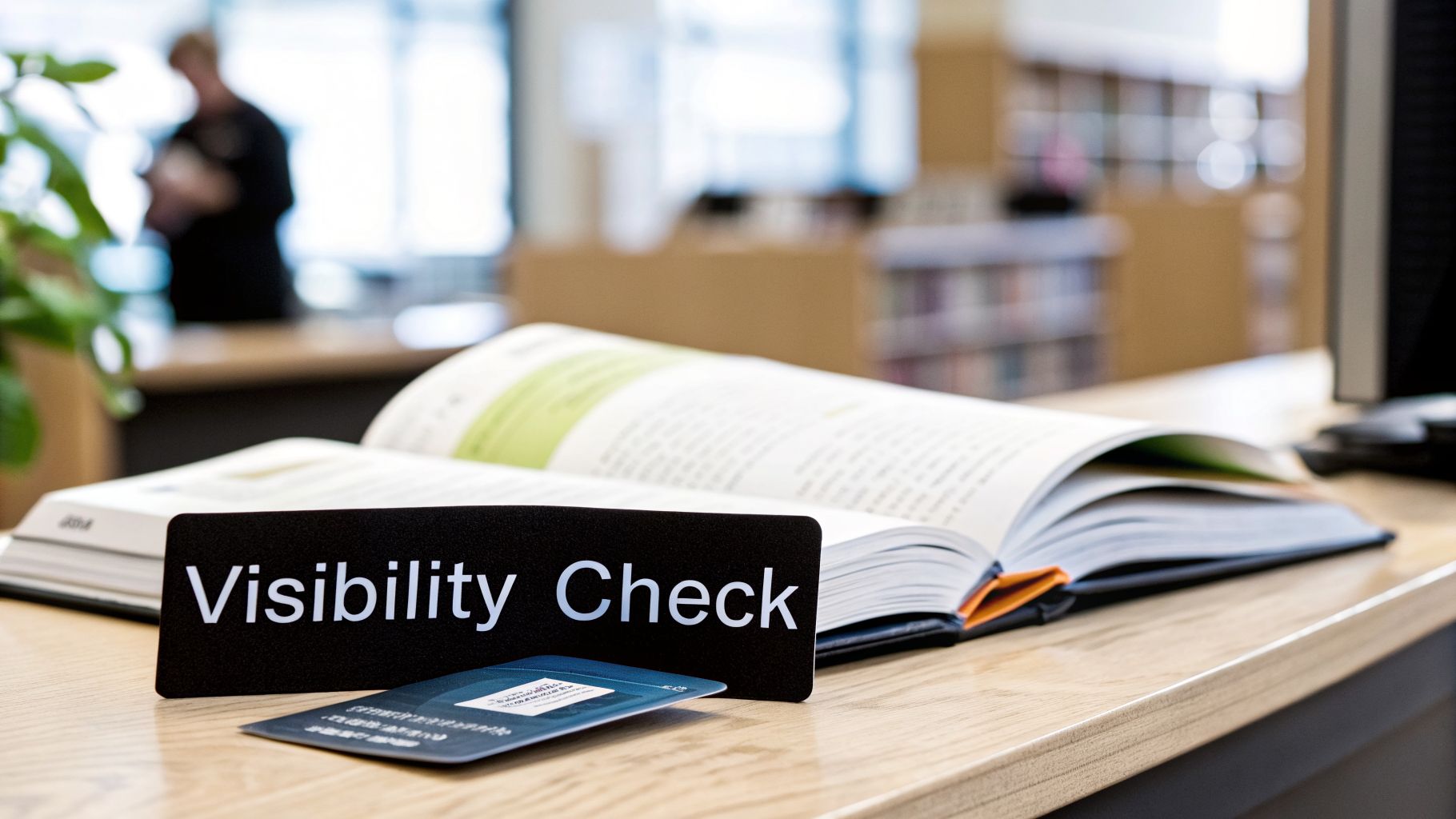 A black 'Visibility Check' sign on a desk, representing checking why my business is not showing up on Google.