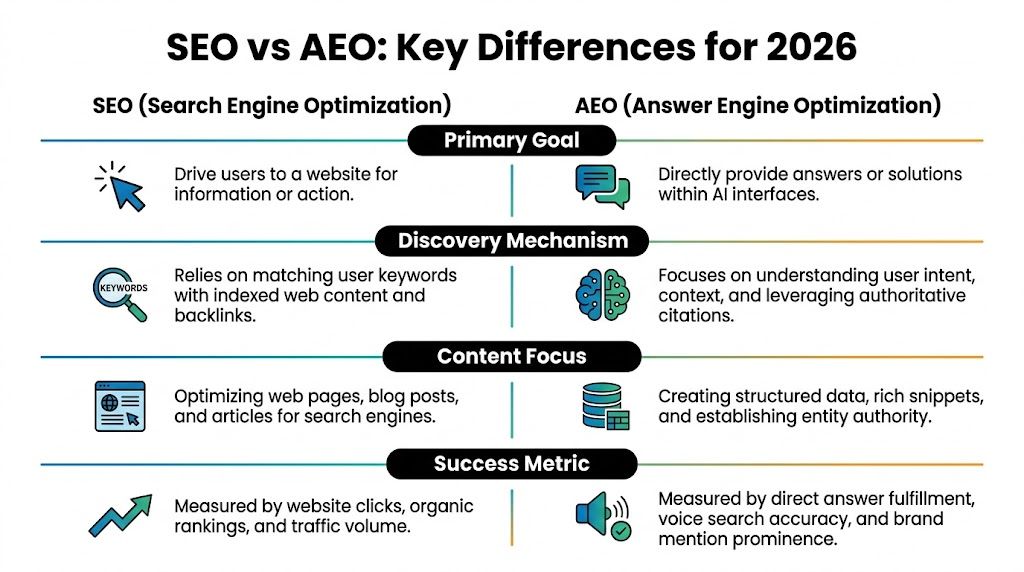 A comparison chart outlining the key differences between SEO and AEO strategies for the year 2026.
