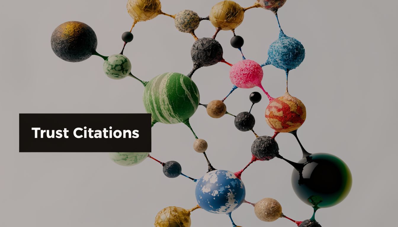 A conceptual 3D visualization of an interconnected molecular structure representing digital trust and authoritative search citations.
