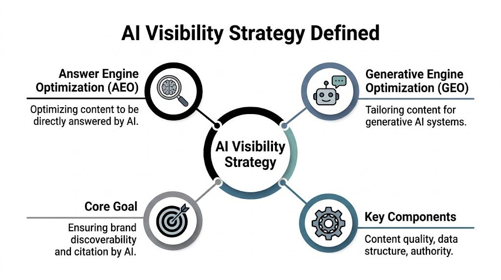 A diagram outlining the AI Visibility Strategy including answer engine, generative engine, core goals, and components.