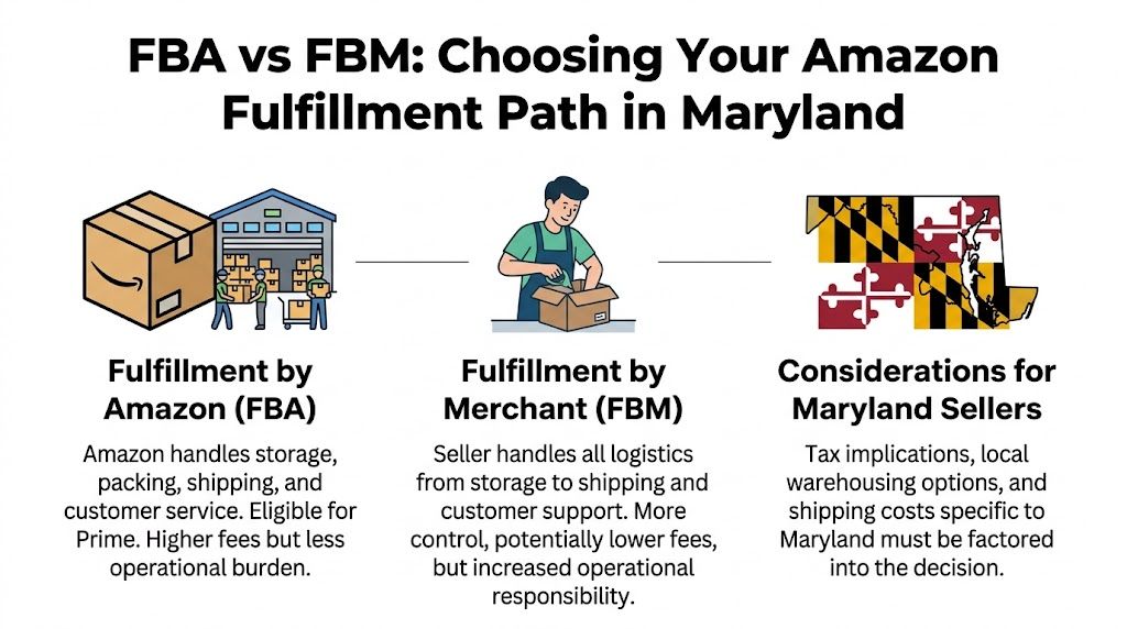 A comparison infographic between Amazon FBA and FBM fulfillment models, tailored for Maryland based sellers.