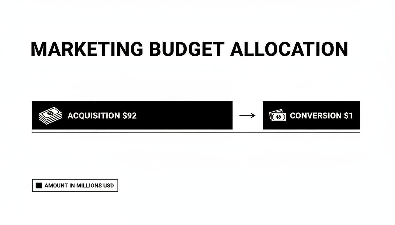 Marketing budget allocation infographic showing $92 million for acquisition leading to $1 million for conversion optimization.