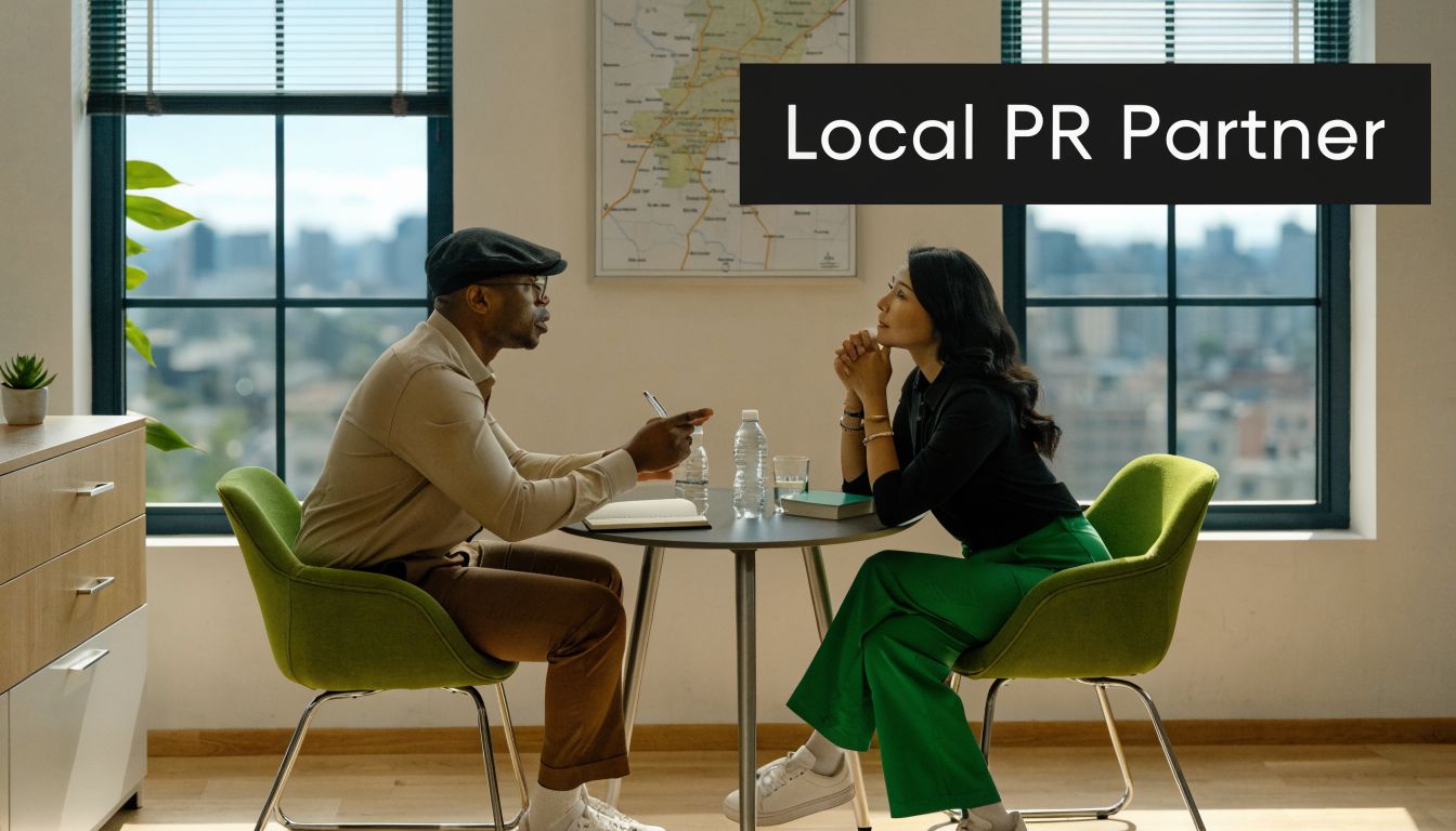 A professional man and woman discussing digital public relations services at a business meeting.