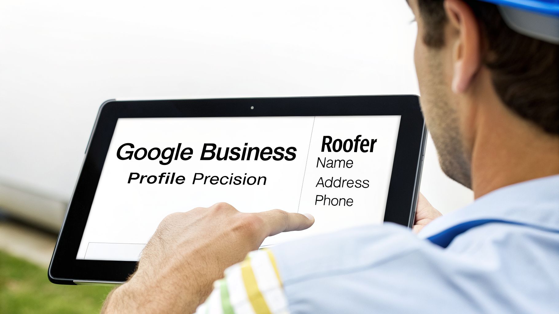 A man in a hard hat points at a tablet showing a Google Business Profile for contractors, optimizing local listings.