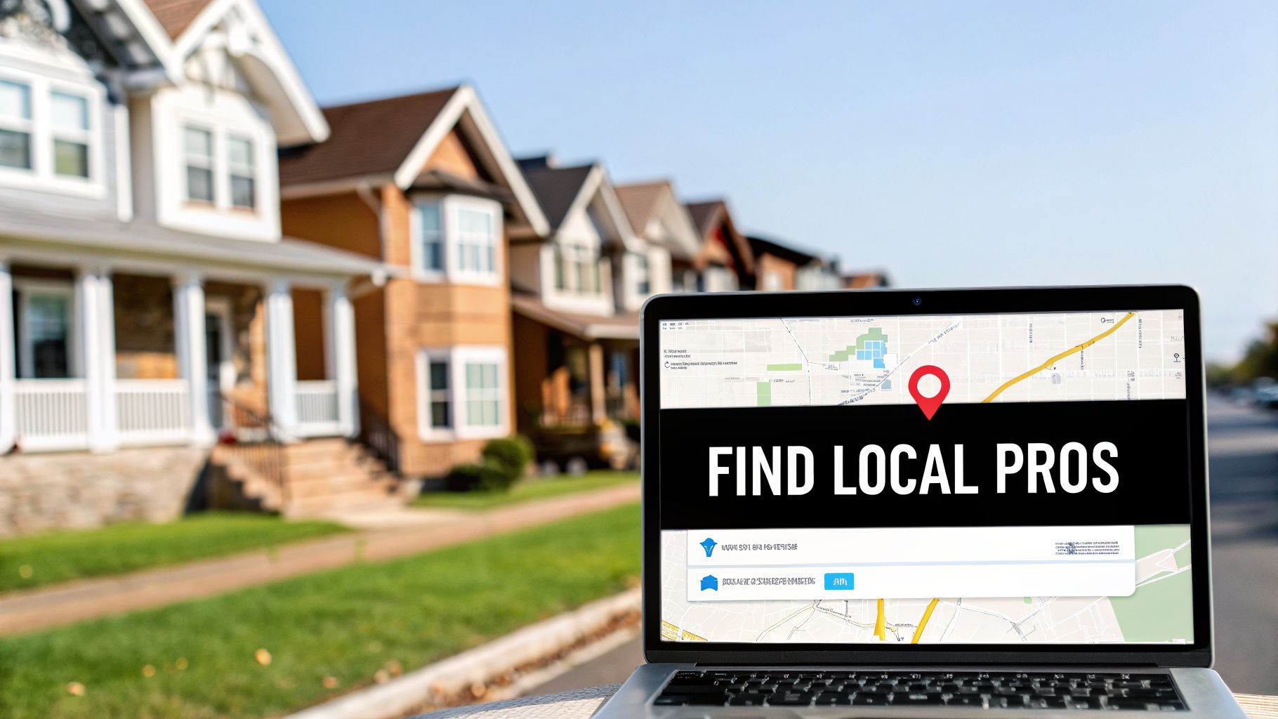Laptop displaying 'Find Local Pros' on a map with a red pin, illustrating a Google Business Profile for contractors.