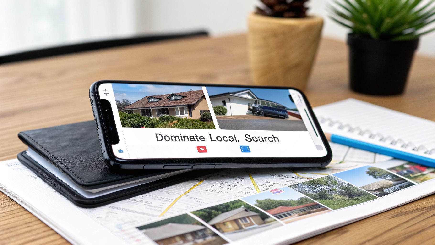 A smartphone displaying 'Dominate Local Search' relevant to Google Business Profile for contractors.