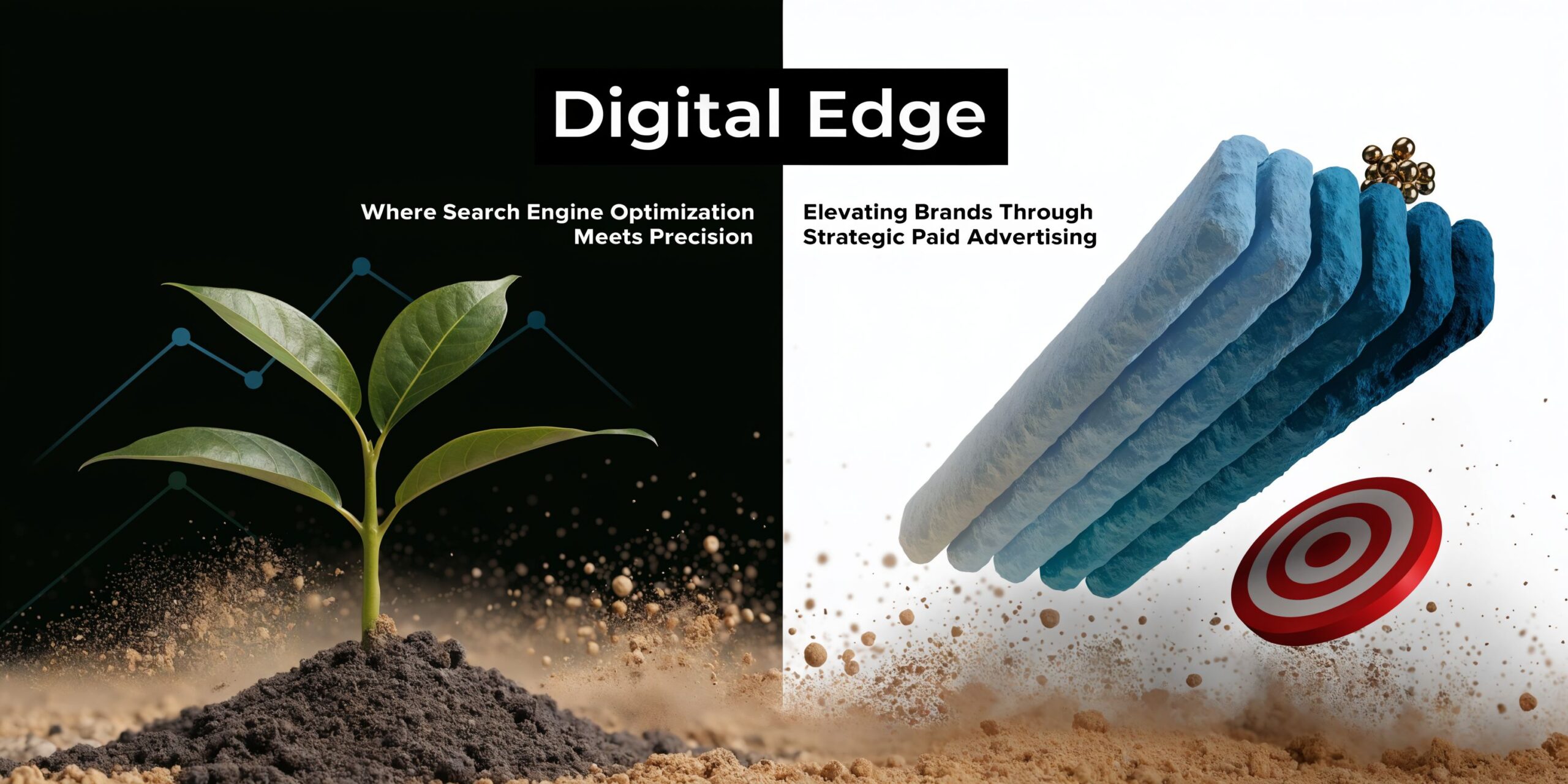 A digital marketing graphic displaying a plant for SEO growth and stacked blocks for paid advertising strategy.