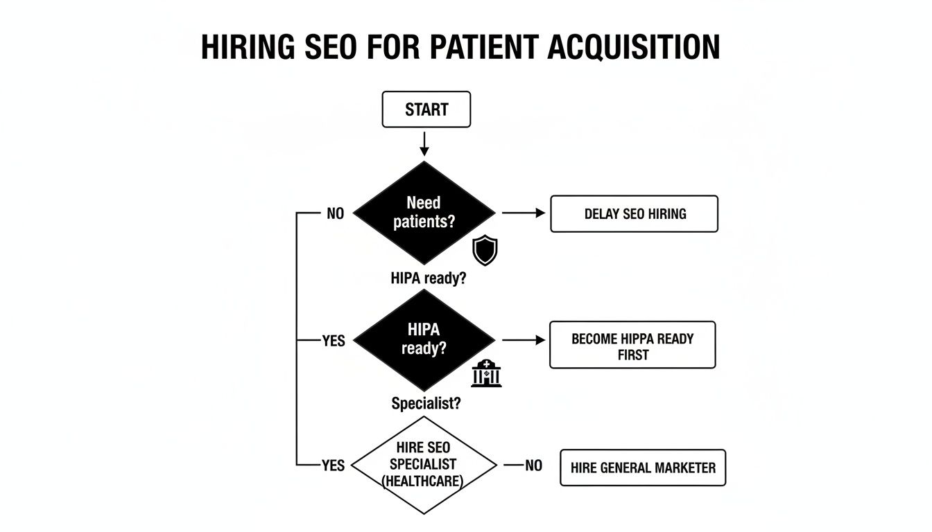 Flowchart illustrating the decision-making process for hiring a healthcare SEO company, considering needs and HIPAA readiness.