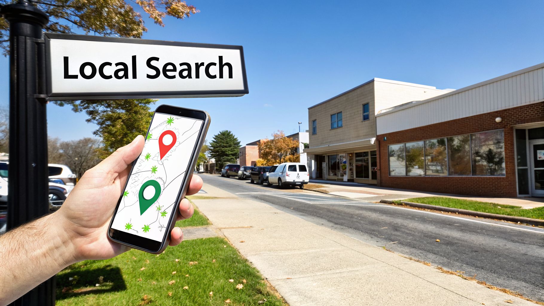 A hand holds a smartphone displaying a map with location pins, showing the importance of local search for healthcare SEO companies.