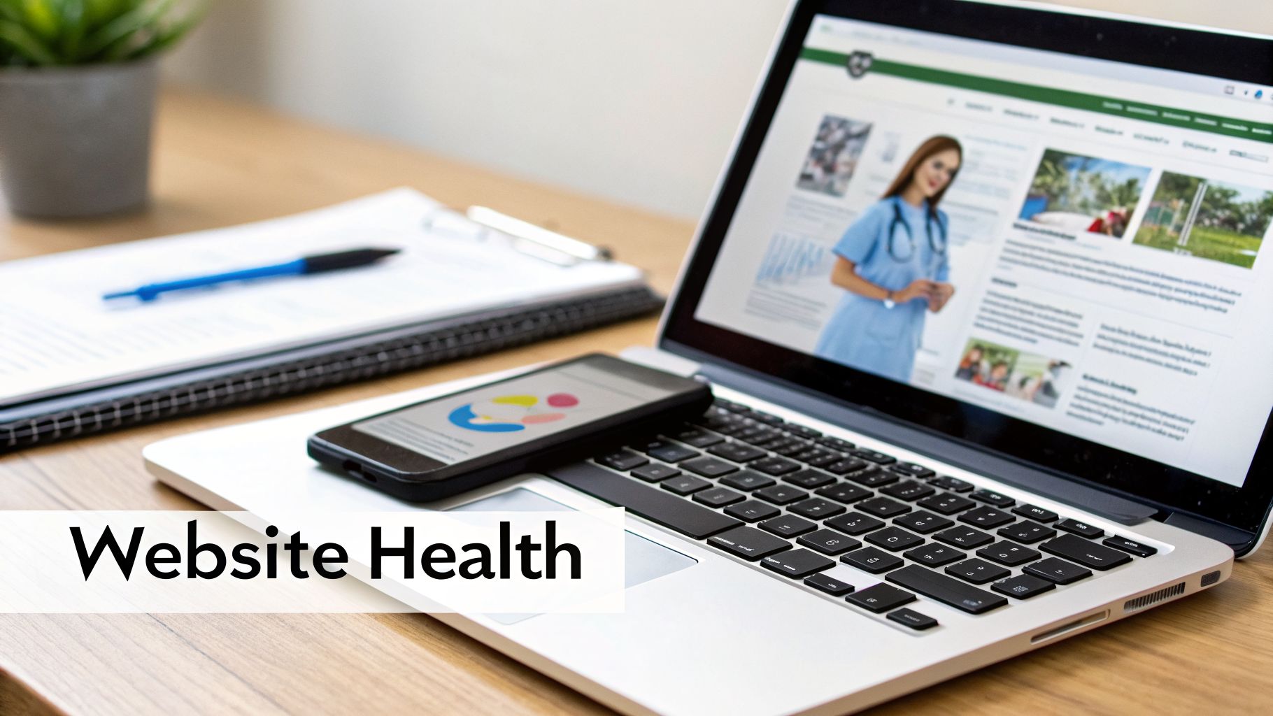 A laptop, smartphone, and clipboard showing how healthcare SEO companies perform website analysis and analytics tracking.