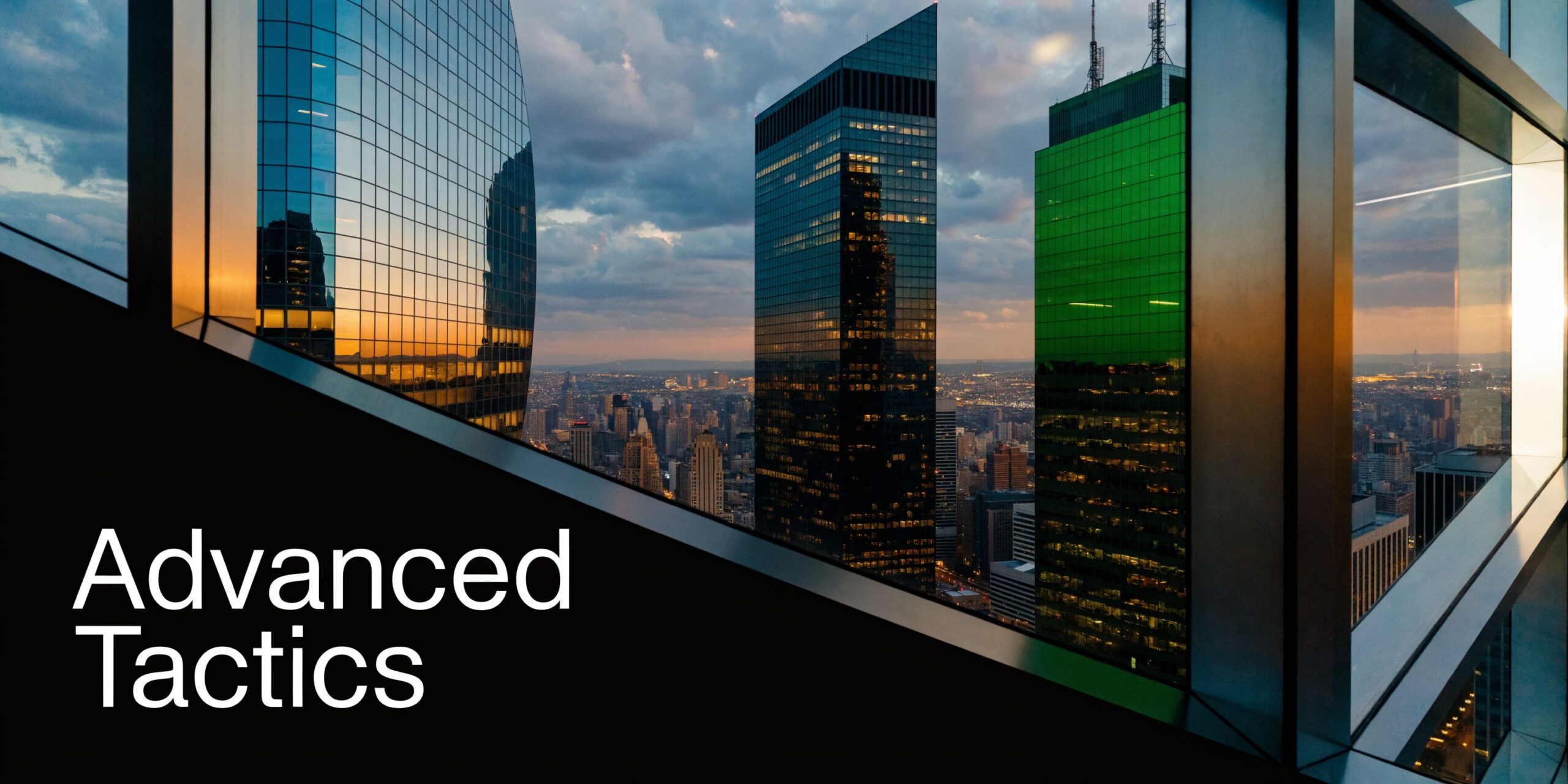 A view through a window overlooking a modern city skyline at sunset with bold text overlay.