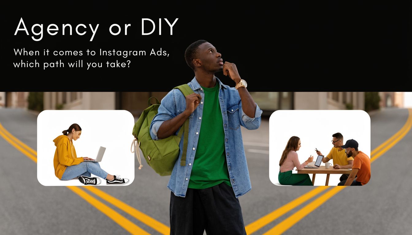 A young man standing at a fork in the road deciding between DIY and agency services.