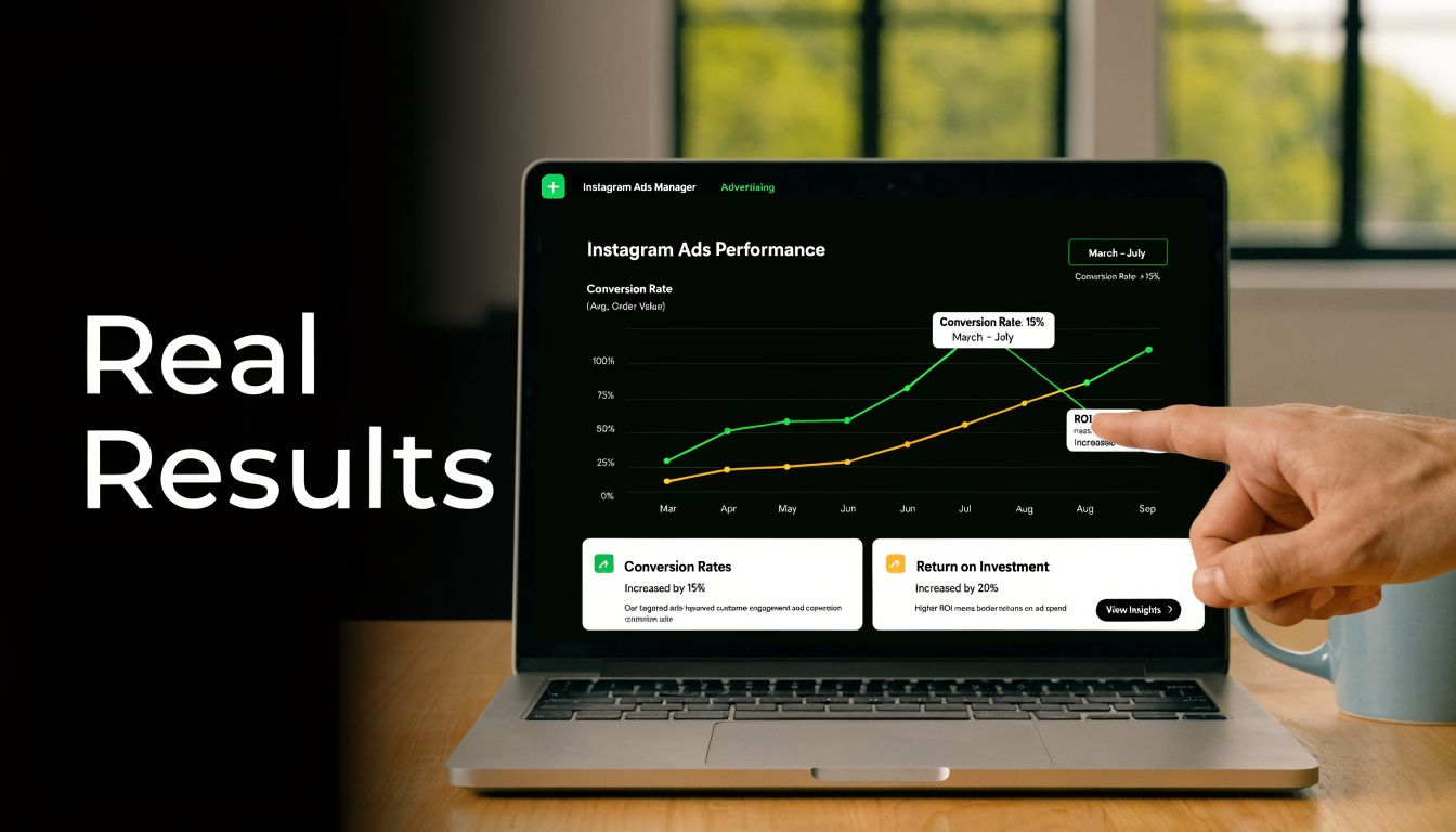 A laptop screen displaying an Instagram Ads performance dashboard showing conversion rates and return on investment charts.