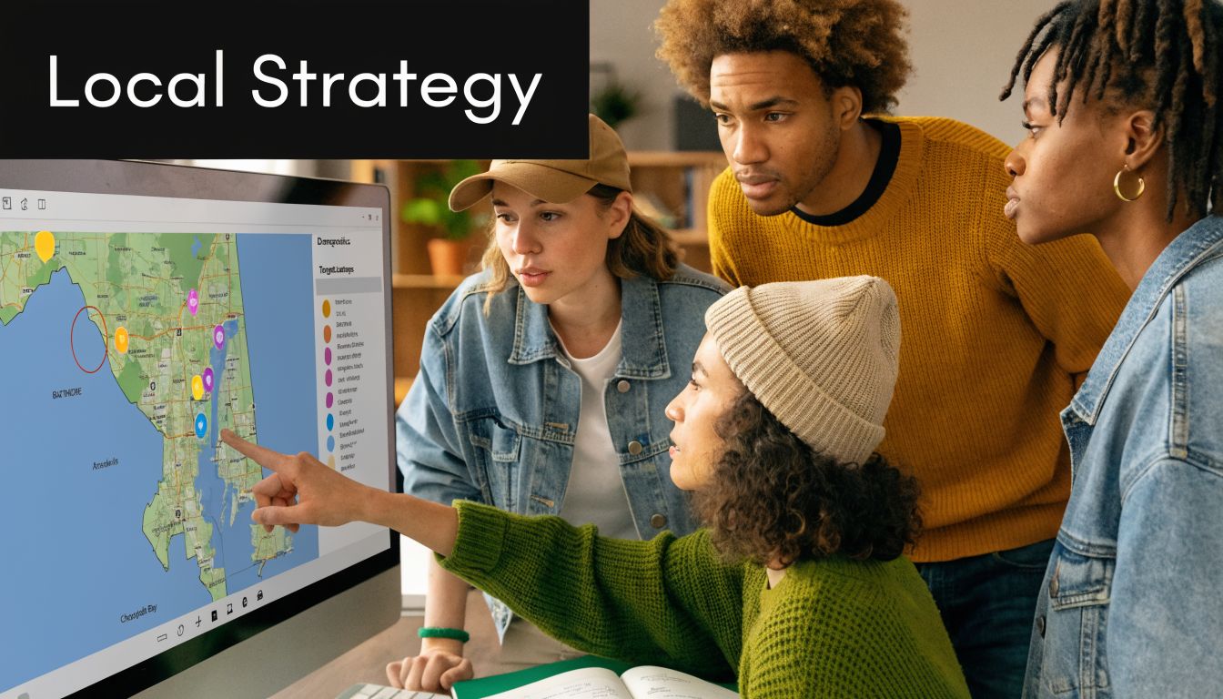 A diverse team of young professionals collaborates on a local strategy project using a digital map display.