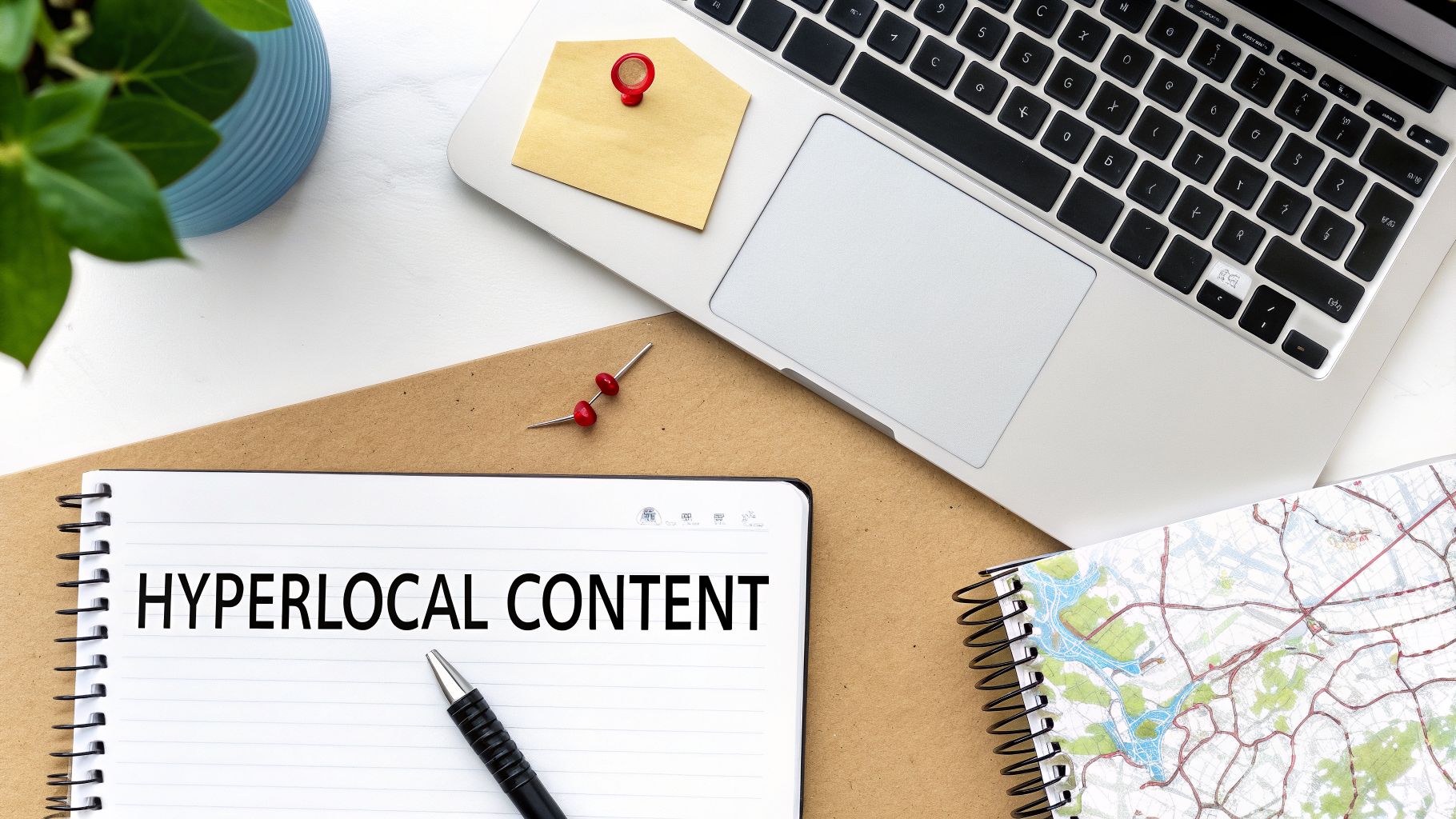 Overhead view of a desk with a laptop, plant, and a notebook displaying 'HYPERLOCAL CONTENT' alongside a map, illustrating hyperlocal SEO for medical practices.