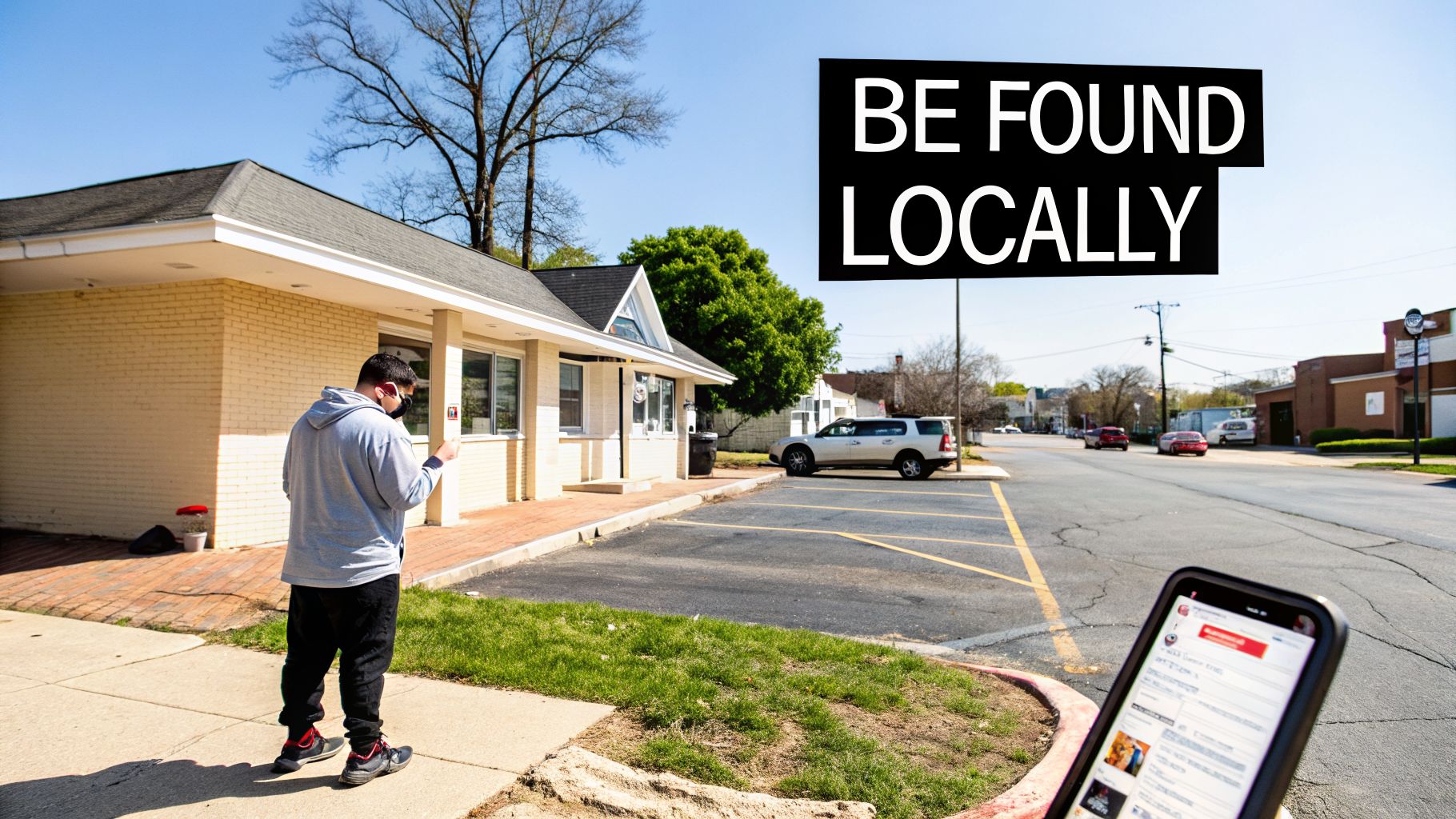 Person using a smartphone near a local business, with a 'BE FOUND LOCALLY' sign overhead, emphasizing local search for medical practices.
