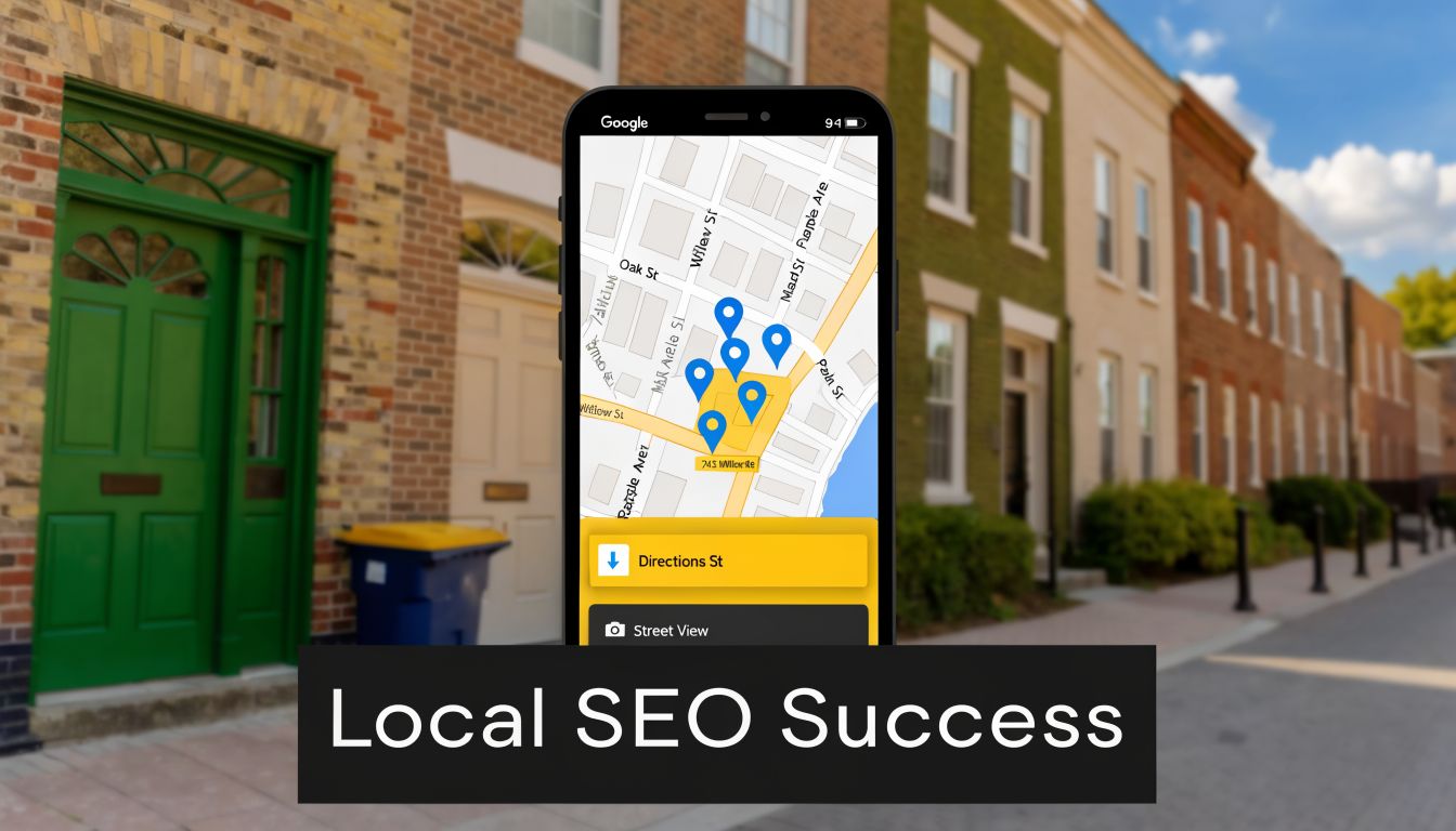 A smartphone screen displaying a Google Maps interface with location pins, representing local SEO success strategies.