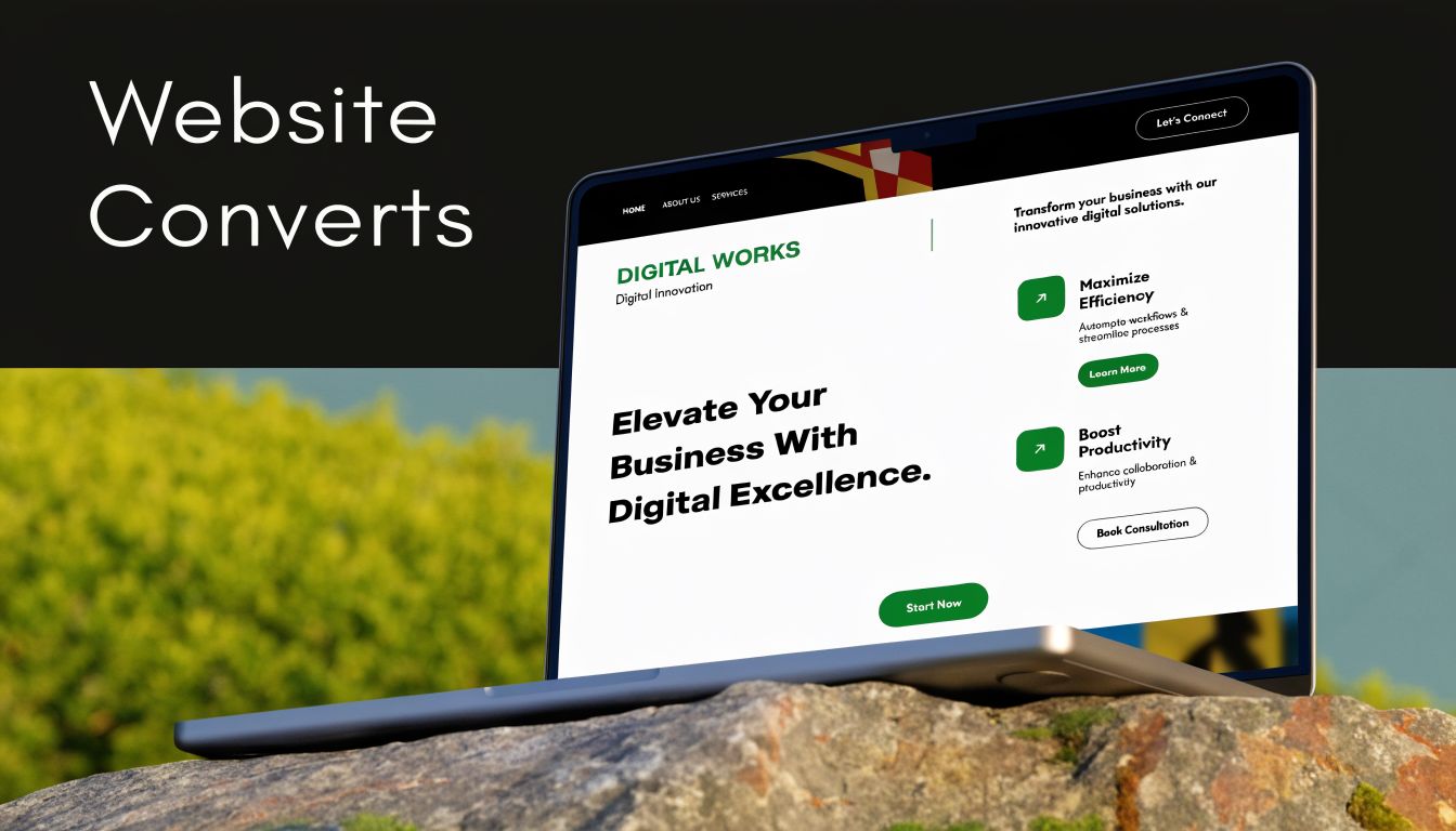 A modern laptop displaying a digital agency website mockup balanced on a rock in nature.
