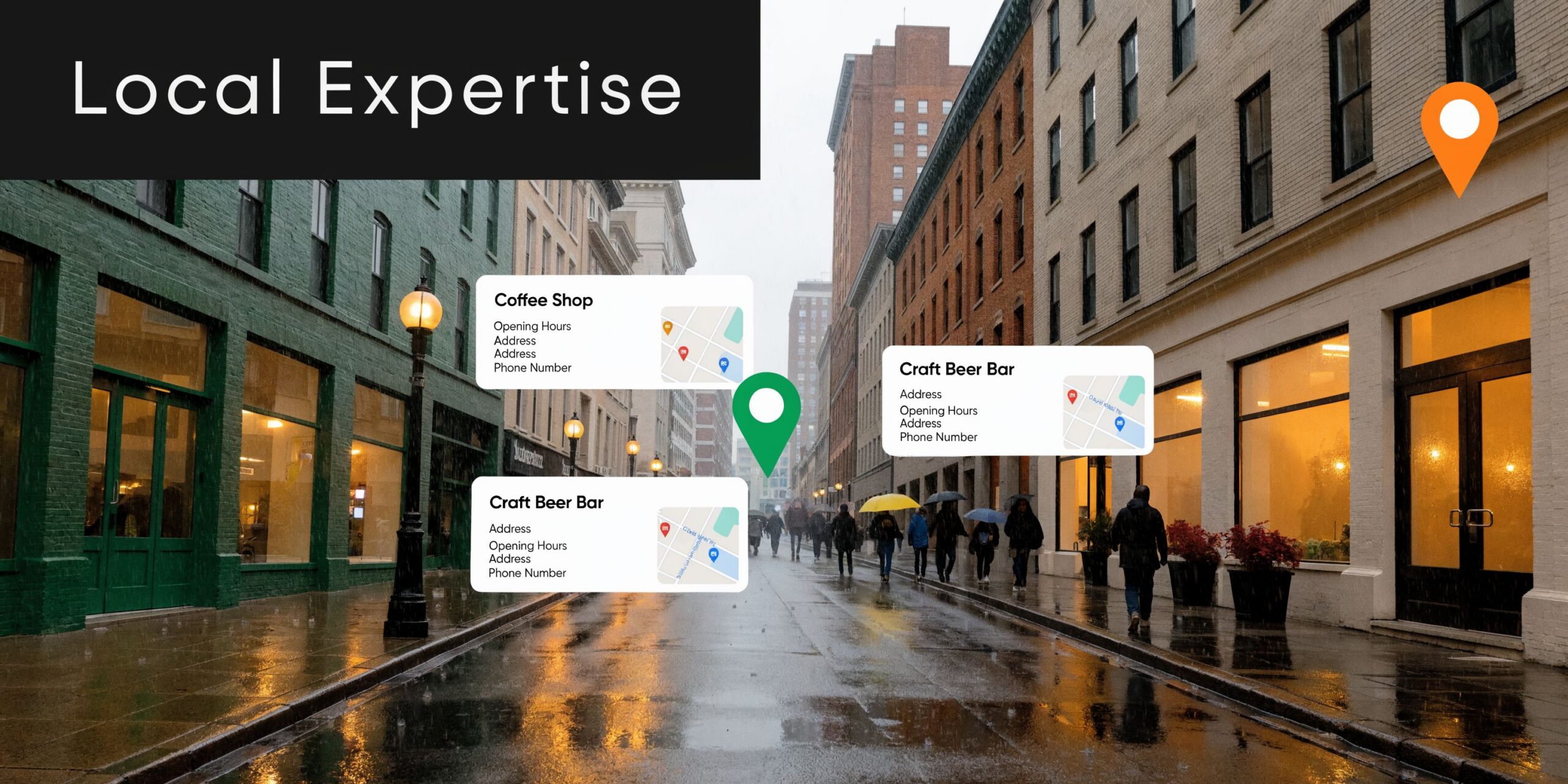 A rainy city street scene overlaid with digital map pins and business information windows for local establishments.